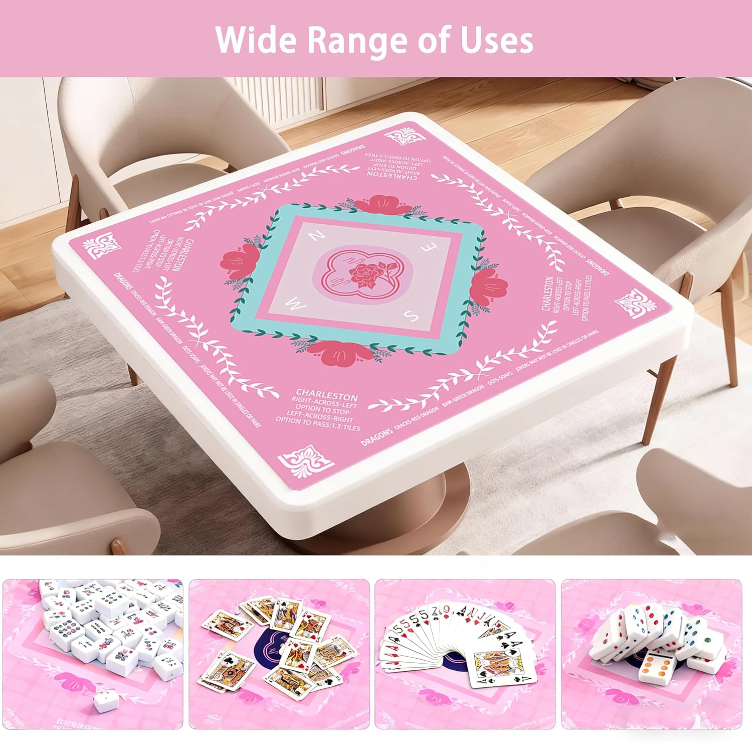 Mahjong Mat, Non-Slip Noise Reduction Gaming Mat (31.5"x31.5") for Mahjong, Poker, Card Games, Tile Games and Dominoes Table Protector, Pink