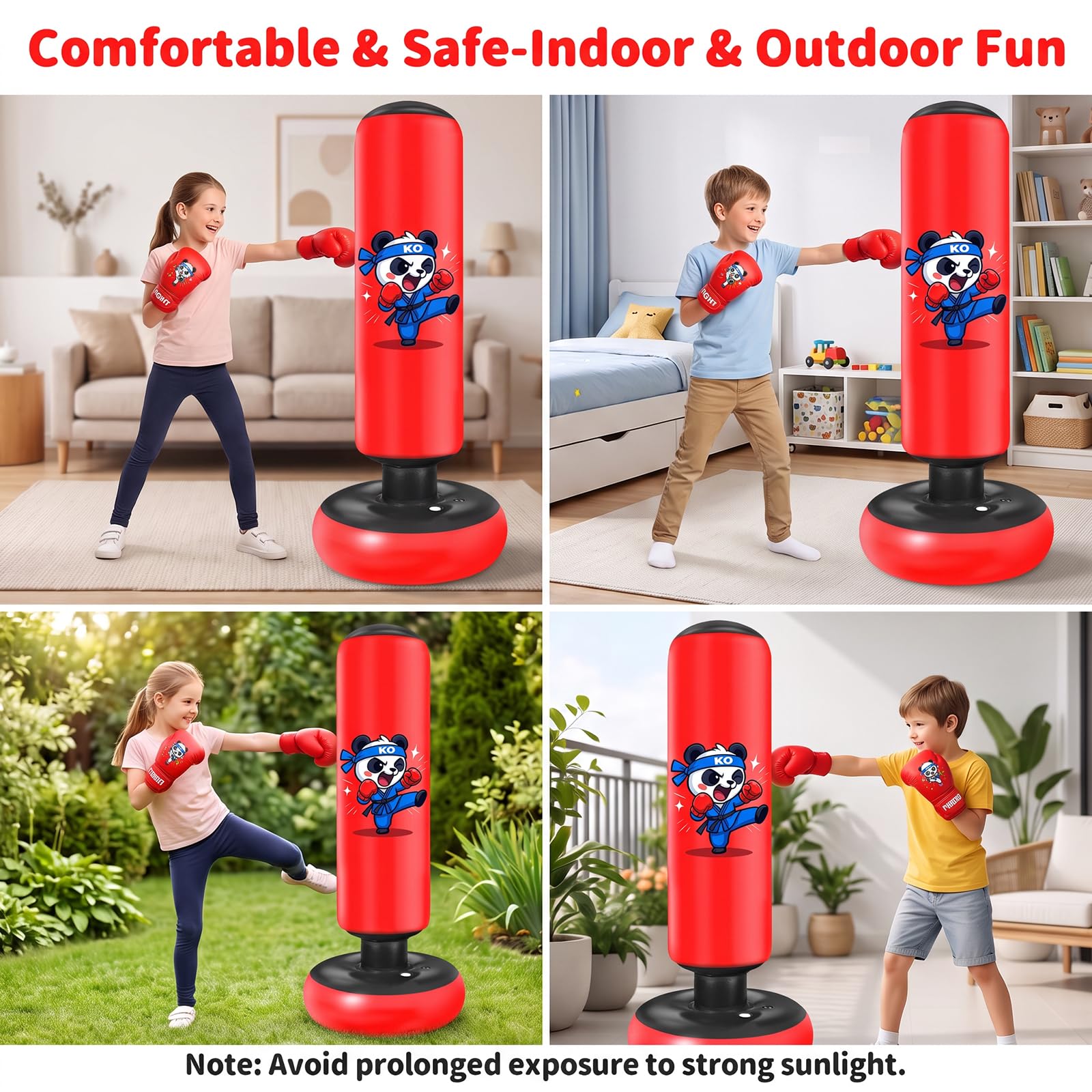 Ninonly Sacco da Boxe 130cm con Guanti e Pompa per Bambini 3-8 Anni | Sacco da Boxe da Terra Gonfiabile, Punchball per Karate MMA Taekwondo, Gioco Fitness per Allenamento a Casa, Design Panda