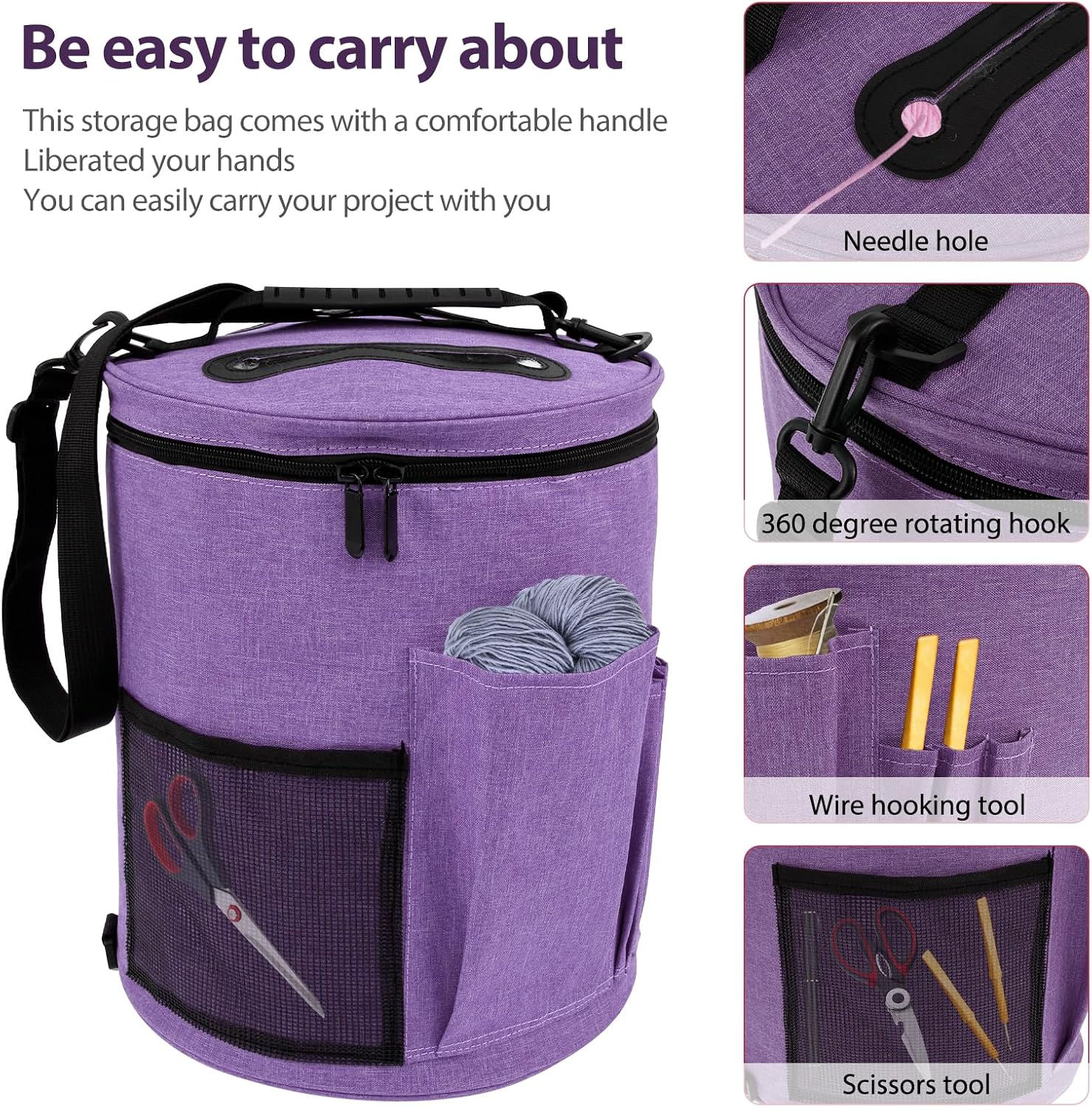 Knitting Bag Yarn Storage, Practical Crochet Bag Organizer with Lid, Portable Yarn Organizer Tote with Handle, Stylish Crochet Bags with Shoulder Strap for Knitting Supplies Crafting (purple)