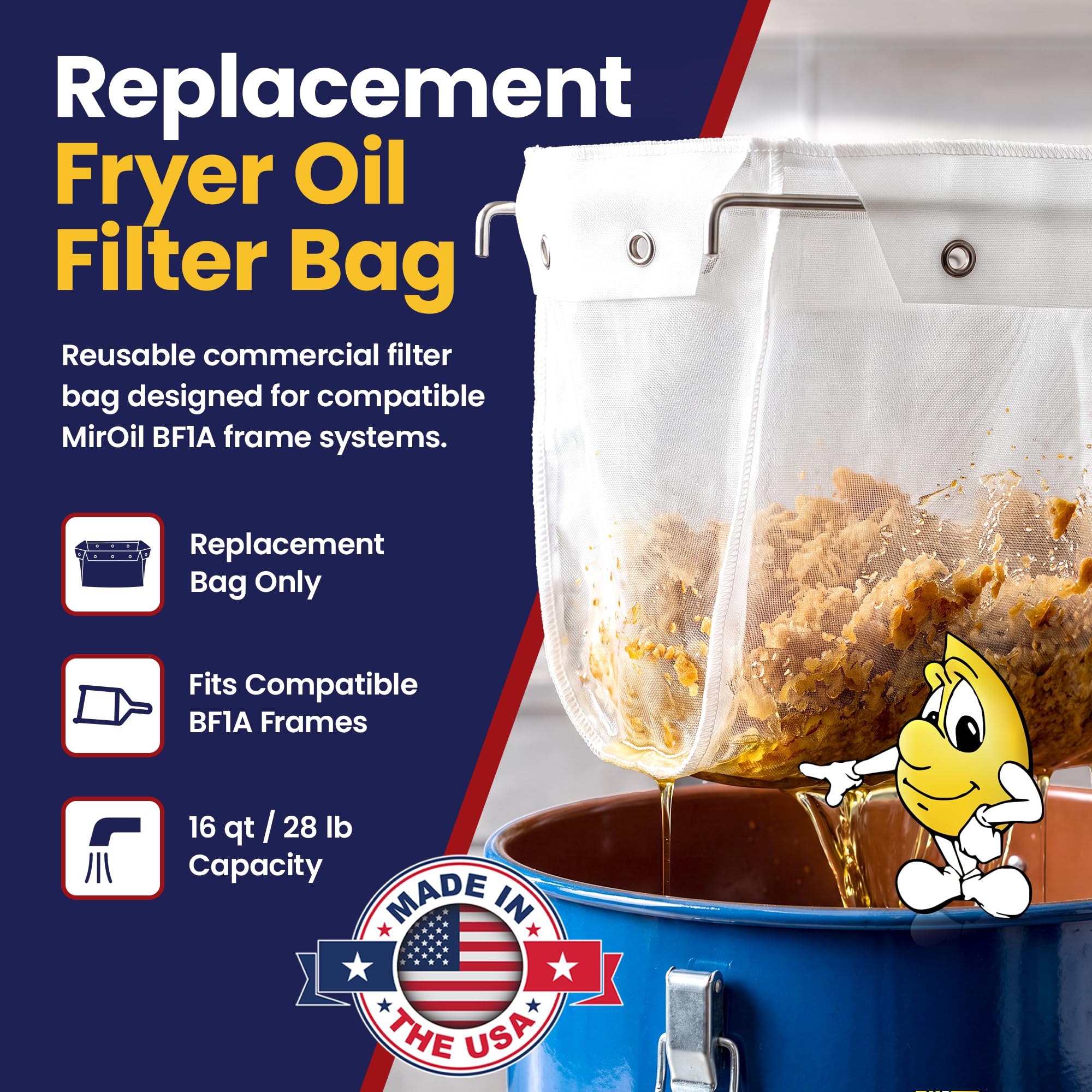 Miroil | RB22FS Bolsa de filtro de freidora | MirOil EZ Flow Filter Bag | Parte 12748| Uso para filtro de aceite de freír | Adecuado para aceite de pulido de 15 Qt | Duradero, fácil de limpiar con agua caliente | Sin marco