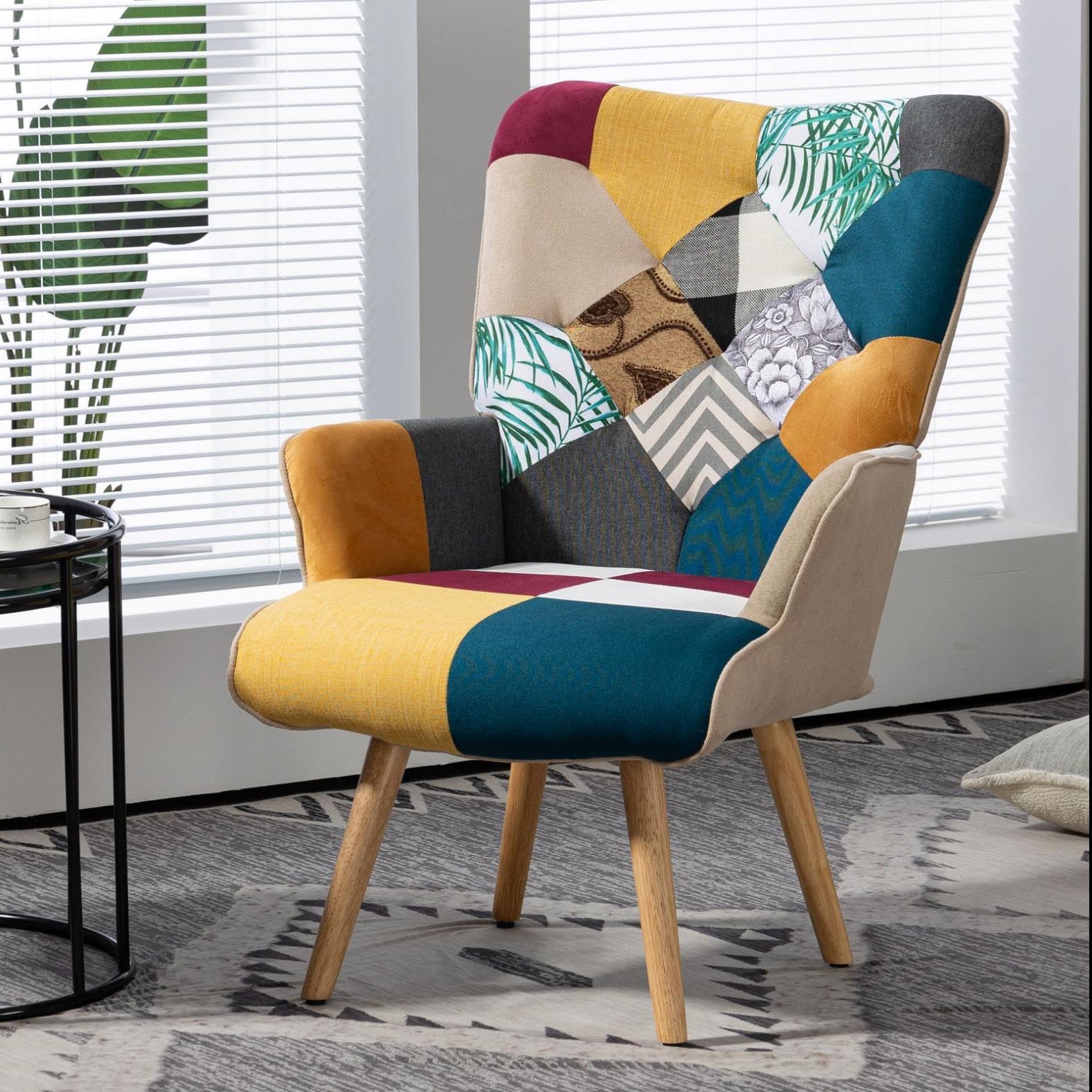 Patchwork Sessel Relaxsessel Leinen Loungesessel mit Massivholzfüße Ohrensessel für Wohnzimmer, Schlafzimmer, Leseecke, Bunt