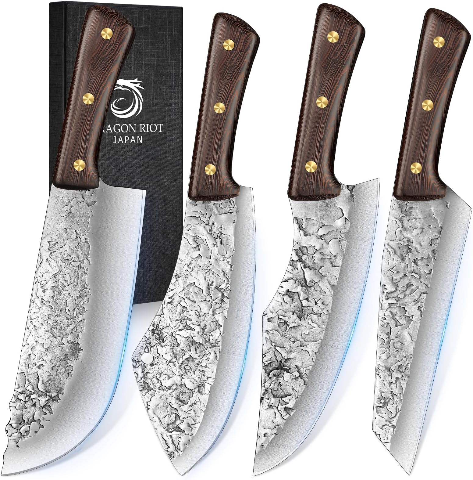 DRAGON RIOT Chef Butcher Knife Set for Meat Cutting, 4 Pcs Japanese Forged Chef Knives Set for Men and Women Gift for Men