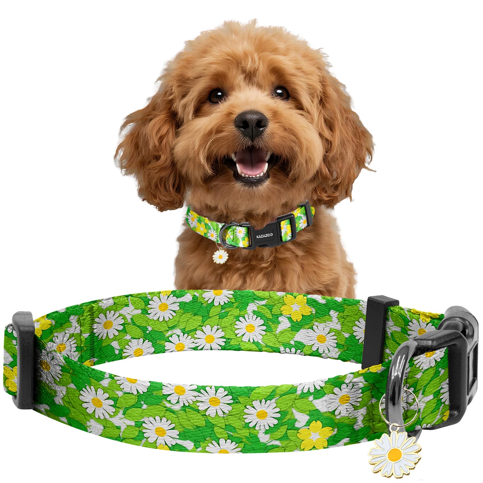 Kazazoo Dog Collar Cute and Soft Nylon Puppy Collar for Boy and Girl Dogs, Adjustable Dog Collars for Small Dogs, Green Daisy-S