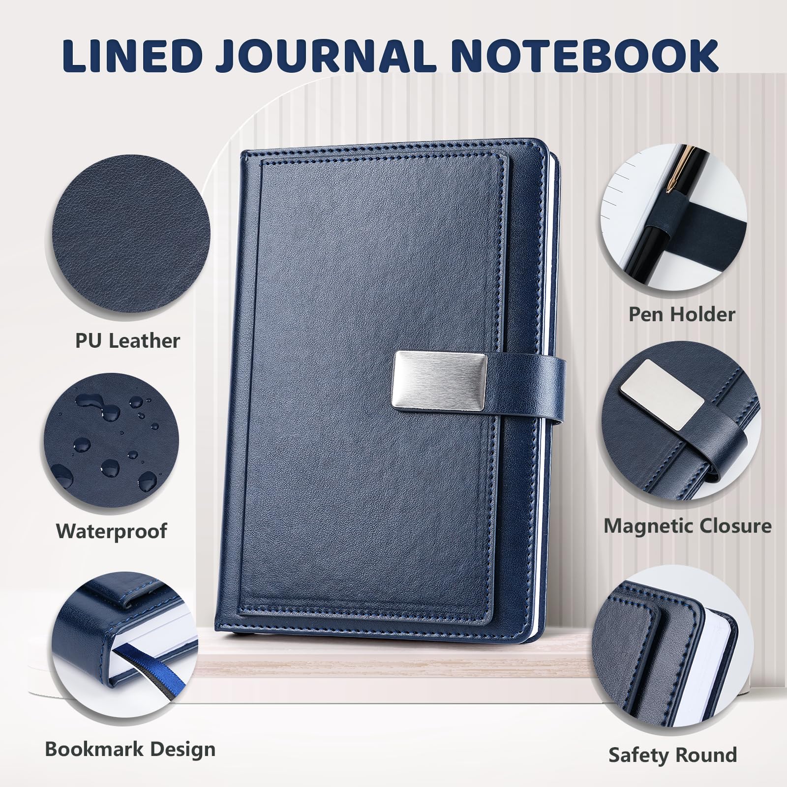 Taccuino a righe per uomini e donne, copertina rigida, in pelle, a righe, per lavoro, 256 pagine di carta da 100 g/m², formato A5; regalo per le vacanze per colleghi, blu navy
