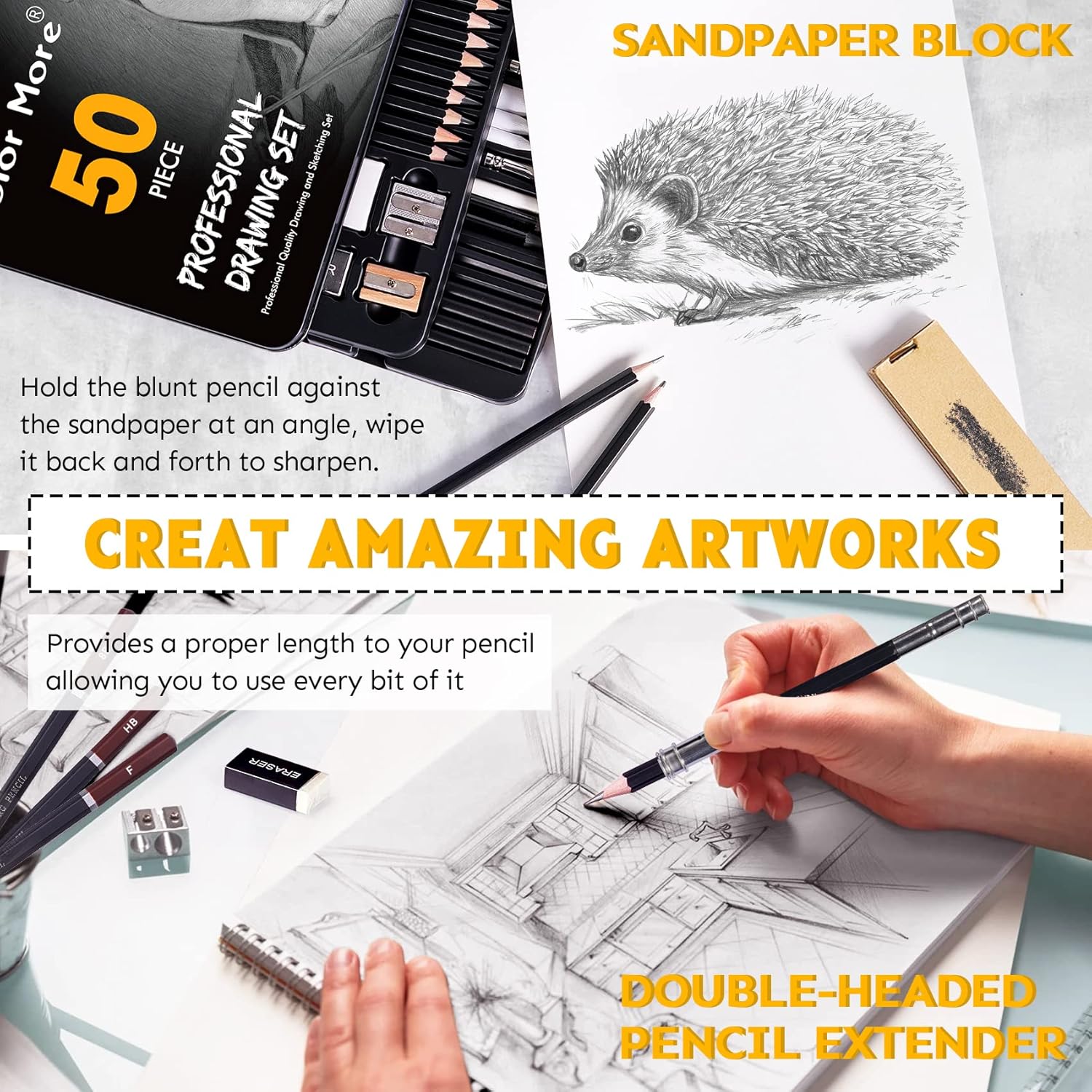 52 Piece Professional Drawing Set with 2 x 50 Sheet Drawing Pad, Graphite Drawing Pencils and Sketch Set, Artist Sketching Tools in Tin Box Includes Charcoals,Pastels and Sharpener,Art Supplies