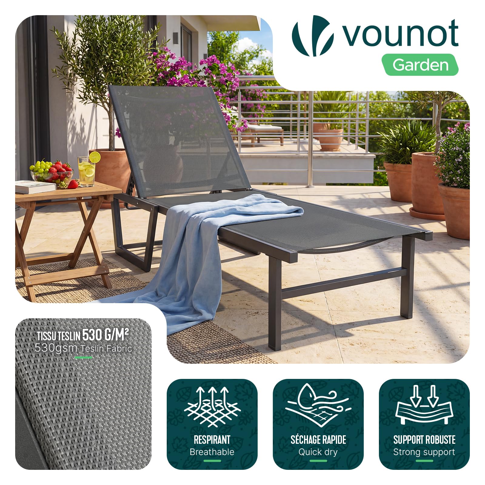vounot® Lot de 2 Bain de Soleil en Textilène Structure en Aluminium Inclinable Chaise Longue 5 Positions Transat Charge Max 180KG pour Jardin Terrasse Piscine Plage Camping Gris
