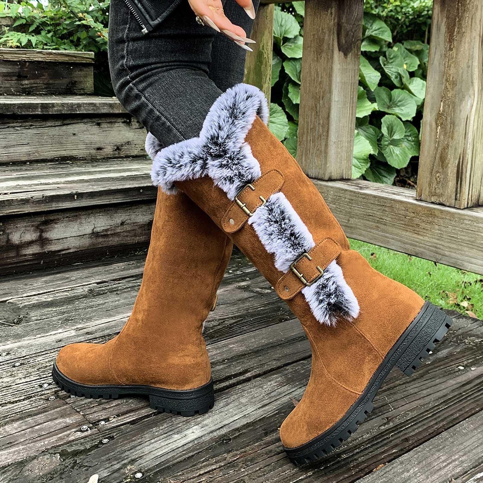 Bottes de Neige Femme Fourrées Mollets Larges Bottes Femme Hiver Chaudes en Daim Botte de Neige Mi-Mollet Snow Boots Fourrées Antidérapantes Chaussure Hiver Confort Chaussures de Randonnée de Ski