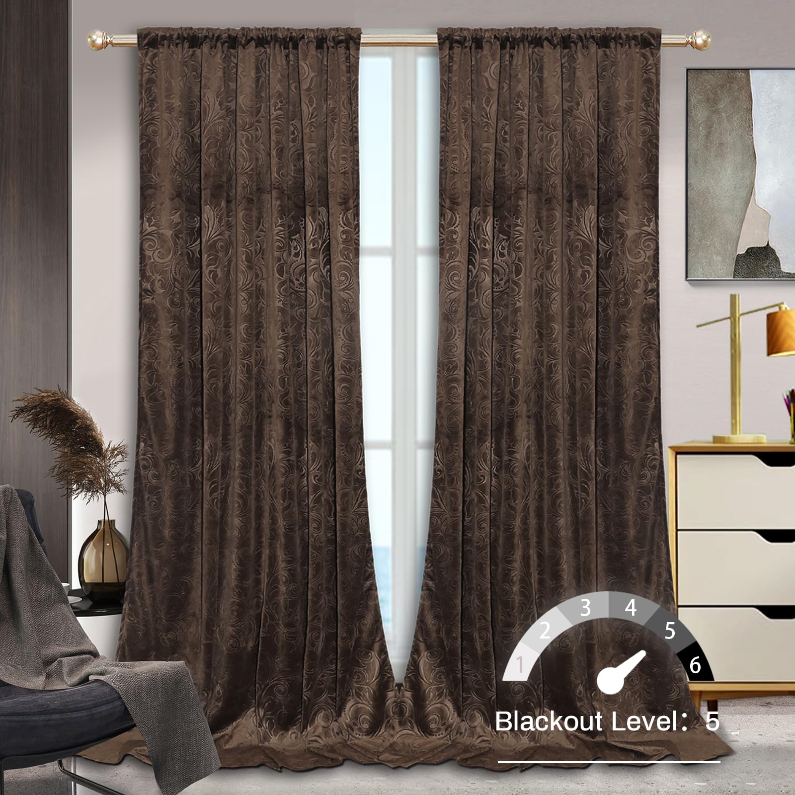 Rosnek Rideau de 300 cm de long, 304 x 132 cm (H x l) - En velours - Opaque - Avec ruban fronceur - Rideau thermique - Pour chambre à coucher - Avec tête multifonctionnelle - Style baroque - Marron