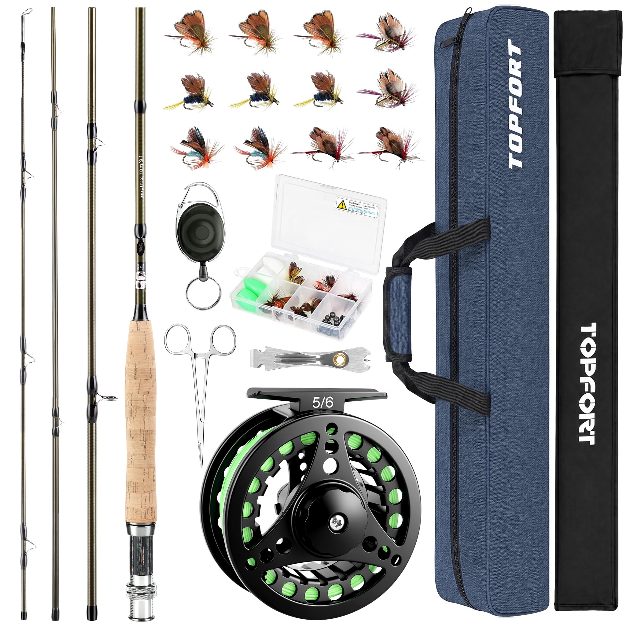 TOPFORT Fly Fishing Rod and Reel Combo Starter Kit, 4 Piece Lightweight Ultra-Portable Graphite Fly Rod Complete Starter Package with Carrier Bag (5/6# 2.7m Fishing Rod and Reel Combo)