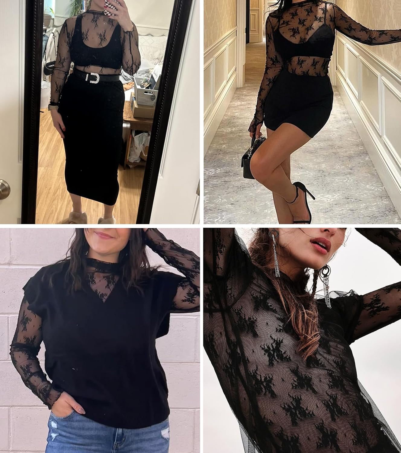 Womens Mesh Lace Long Sleeve Layering Top Sexy Mock Neck See Through Floral Shirt Tops - Image 4