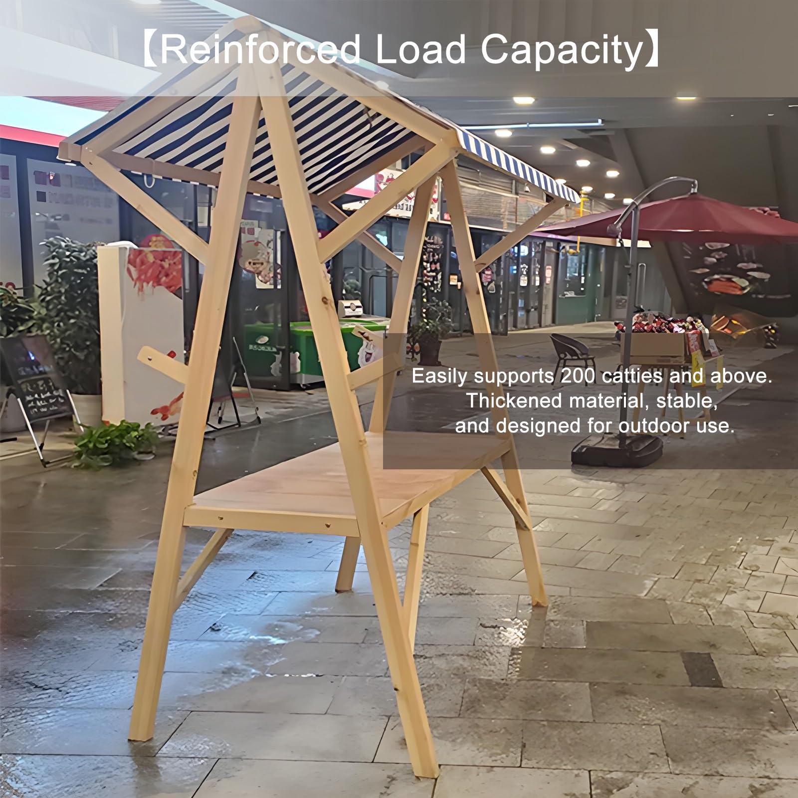 Carrello portatile in legno con baldacchino a righe, display esterno leggero per mercati, festival alimentari ed eventi, 120 cm / 47.2in, giallo