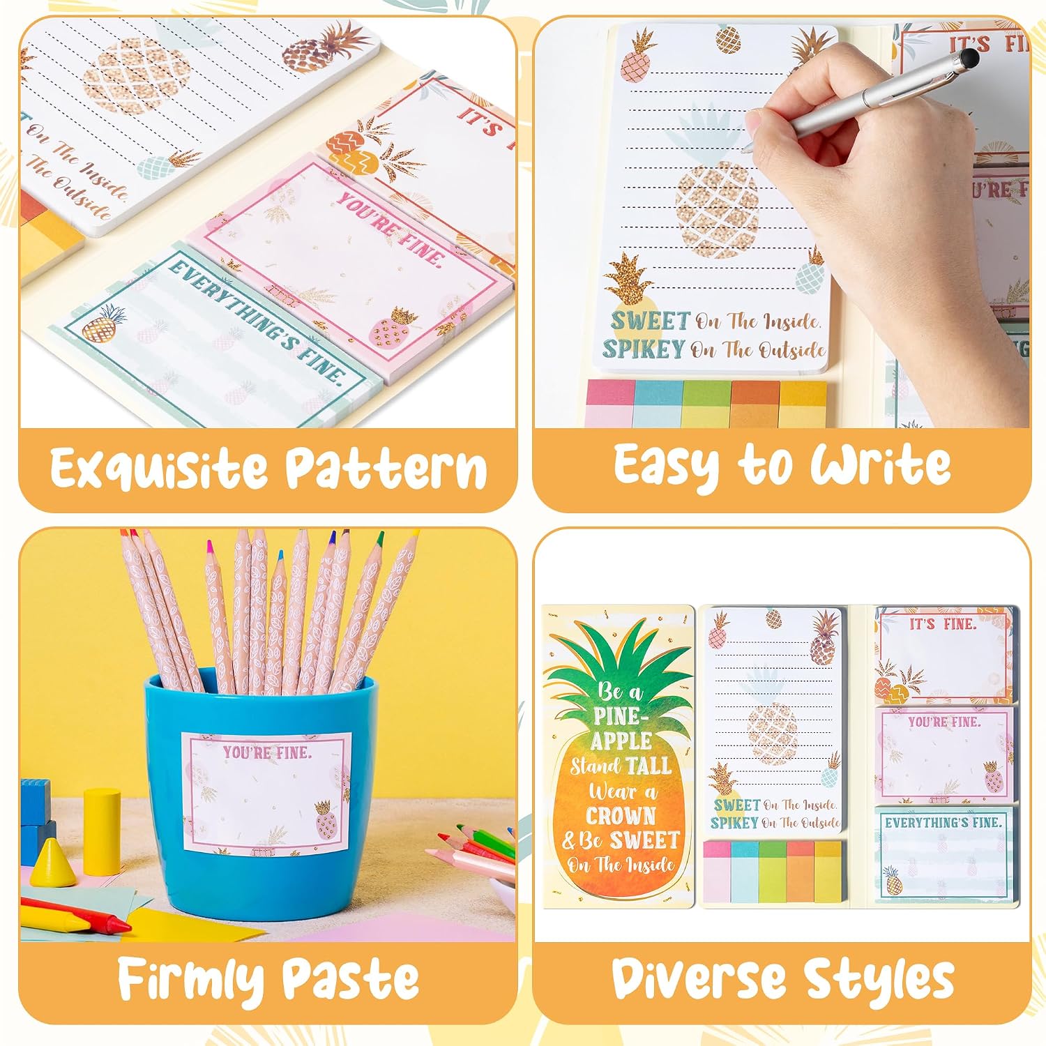 B1ykin Cute Sticky Note Set - Be A Pineapple Stand Tall Wear A Crown Be Sweet On The Inside Self-Stick Notes Pad, 550 Sheets Writing Memo Pages Sticky Notepad for Teacher Appreciation Gift (Pineapple) image 3