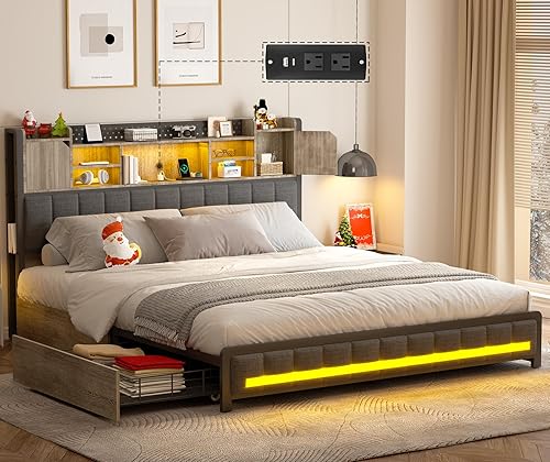 CSZZD Base de cama Queen con 4 cajones de almacenamiento y cabecera de estantería, marco de cama LED tapizado Queen con estación de carga tipo C y