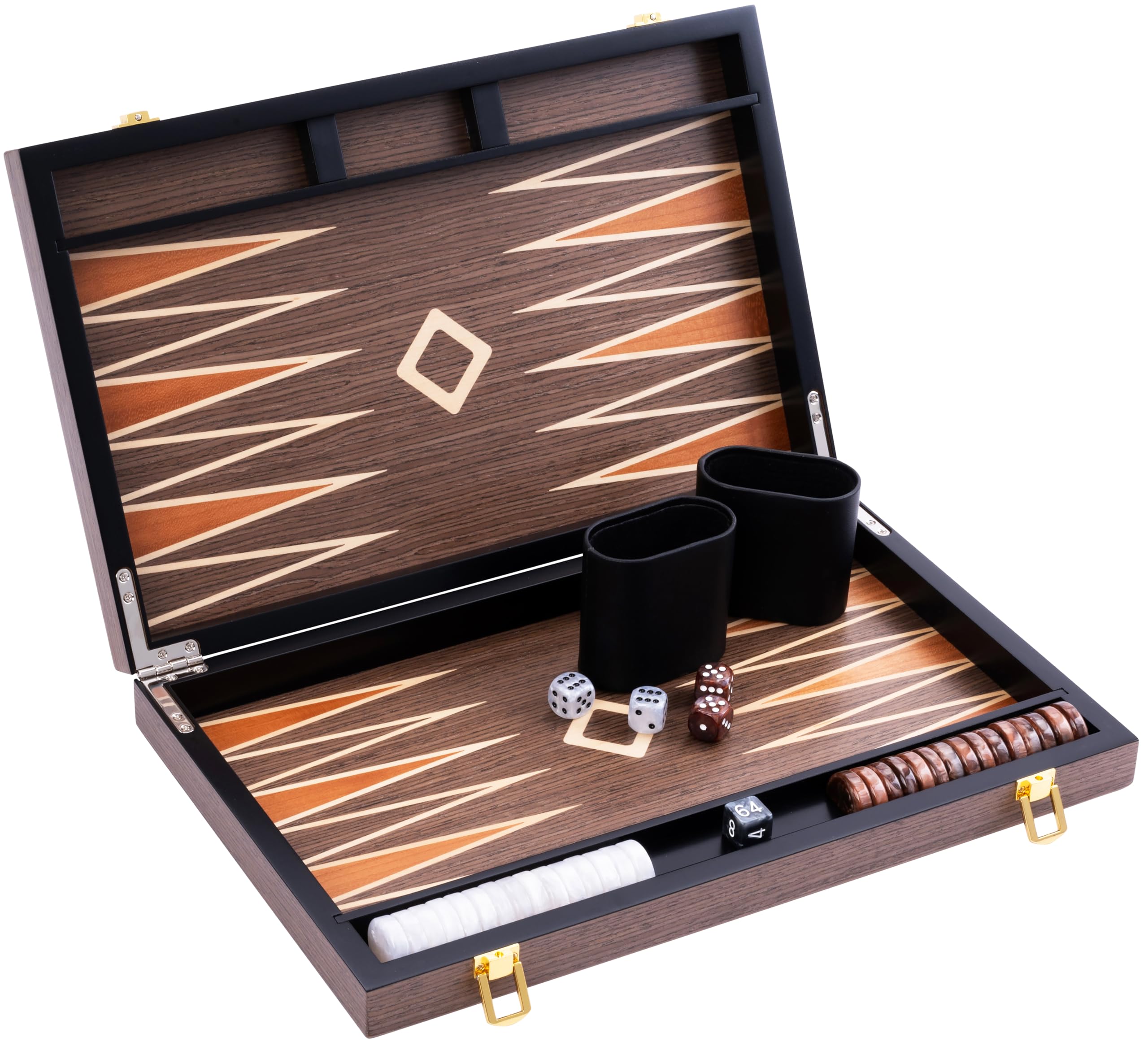 Engelhart - 250546 - Backgammon de Luxe 15 Pouces - Plaqué Bois de Ronces de Noyer Verni - Jeu de Société Classique – Cadeau Élégant - 50 x 39 x 2,5 cm (Ouvert) - Jeux en Bois Marquete