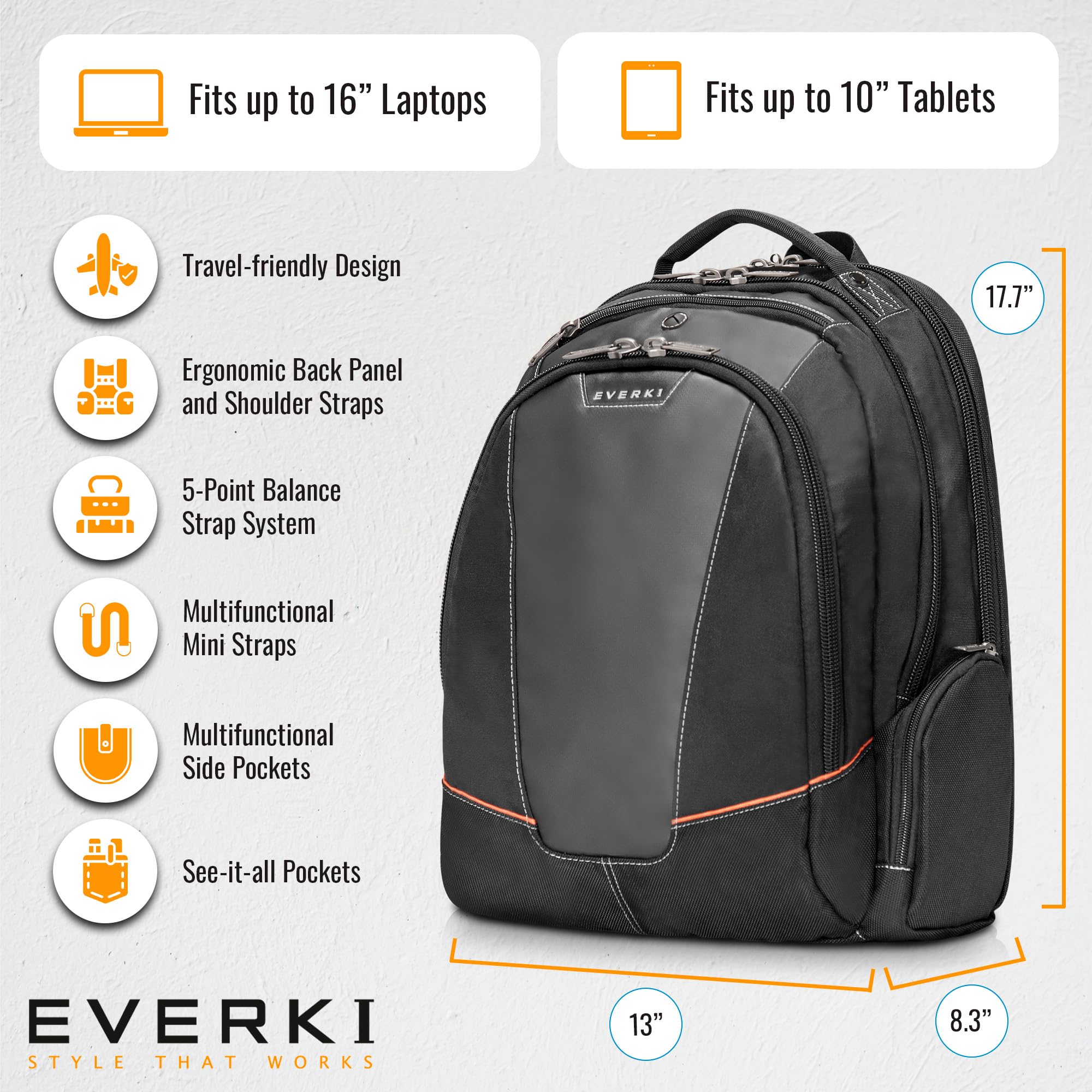 EVERKI Flight Business Laptop Backpack (EKP119) with Black Rain Cover - Men's Backpack with 16