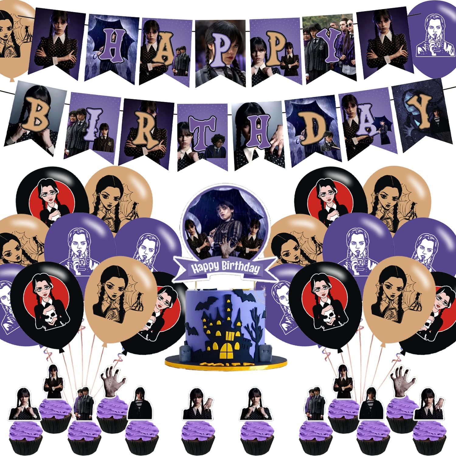 Wednesday Addams Party Decorations,Birthday Party Supplies For Wednesday Addams Party Supplies Includes Happy Birthday Banner, Balloons, Cupcake Toppers, Cake Topper for Boys And Girls