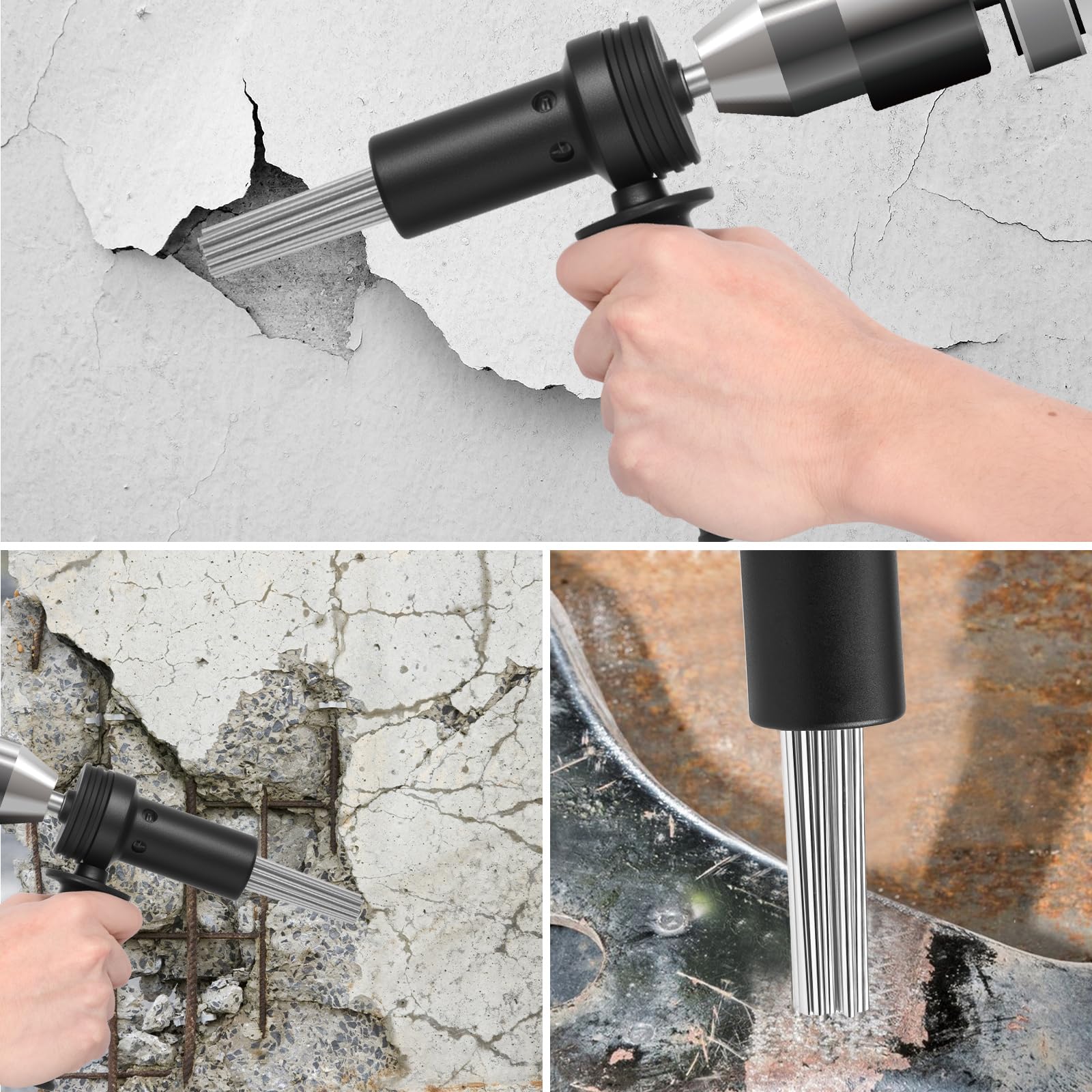 SDS Plus nasadka do usuwania rdzy (igły 18 x 3 mm), głowica do usuwania rdzy z zapasowymi igłami i szczypcami w walizce, dłuto do młotowiertarki, bardzo wytrzymały skrobak do usuwania rdzy i beto
