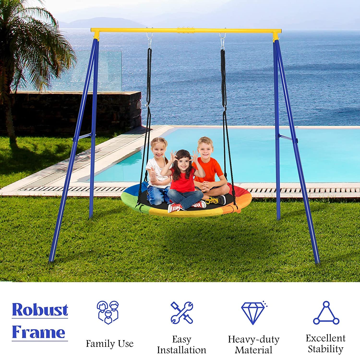 AKUSTIK Swing Frame, Heavy Duty A-Frame Metal Swing Frame Stand with Ground Nail, Fits for Most Swings, Full Iron Anti-Rust Swing Stand, Outdoor Playground Play Set Toy for Kids Adults