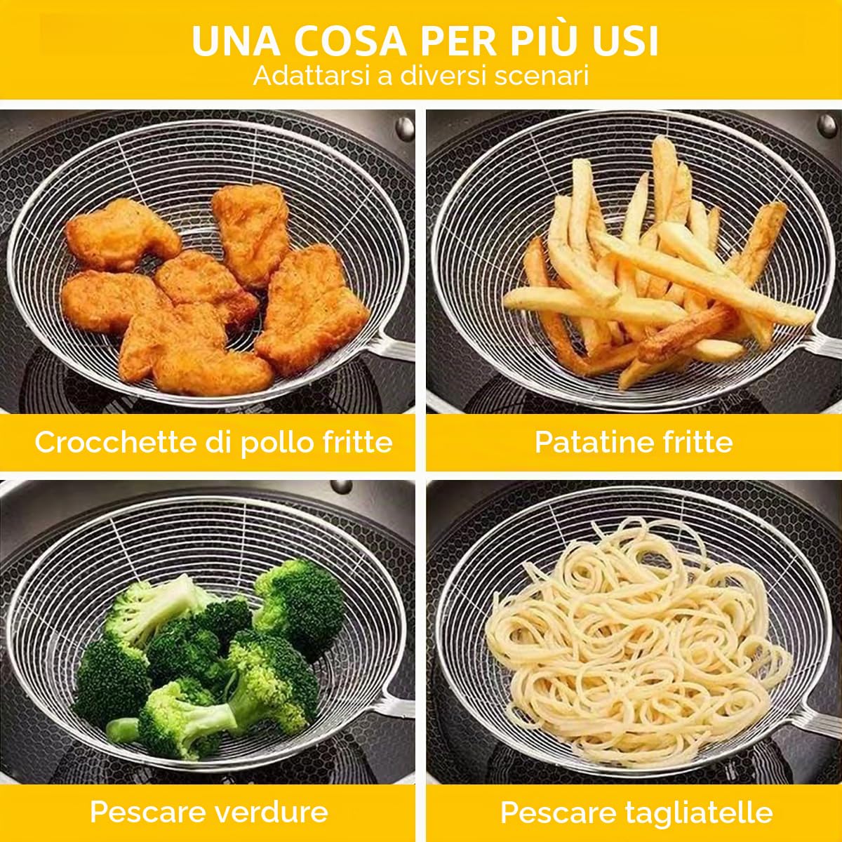 Mestolo per ragnatela in acciaio inox, colino per friggere, colino in acciaio inox, colino in schiuma, setaccio, stufatura e creazione. Diametro (14 cm e spatola per schiuma)