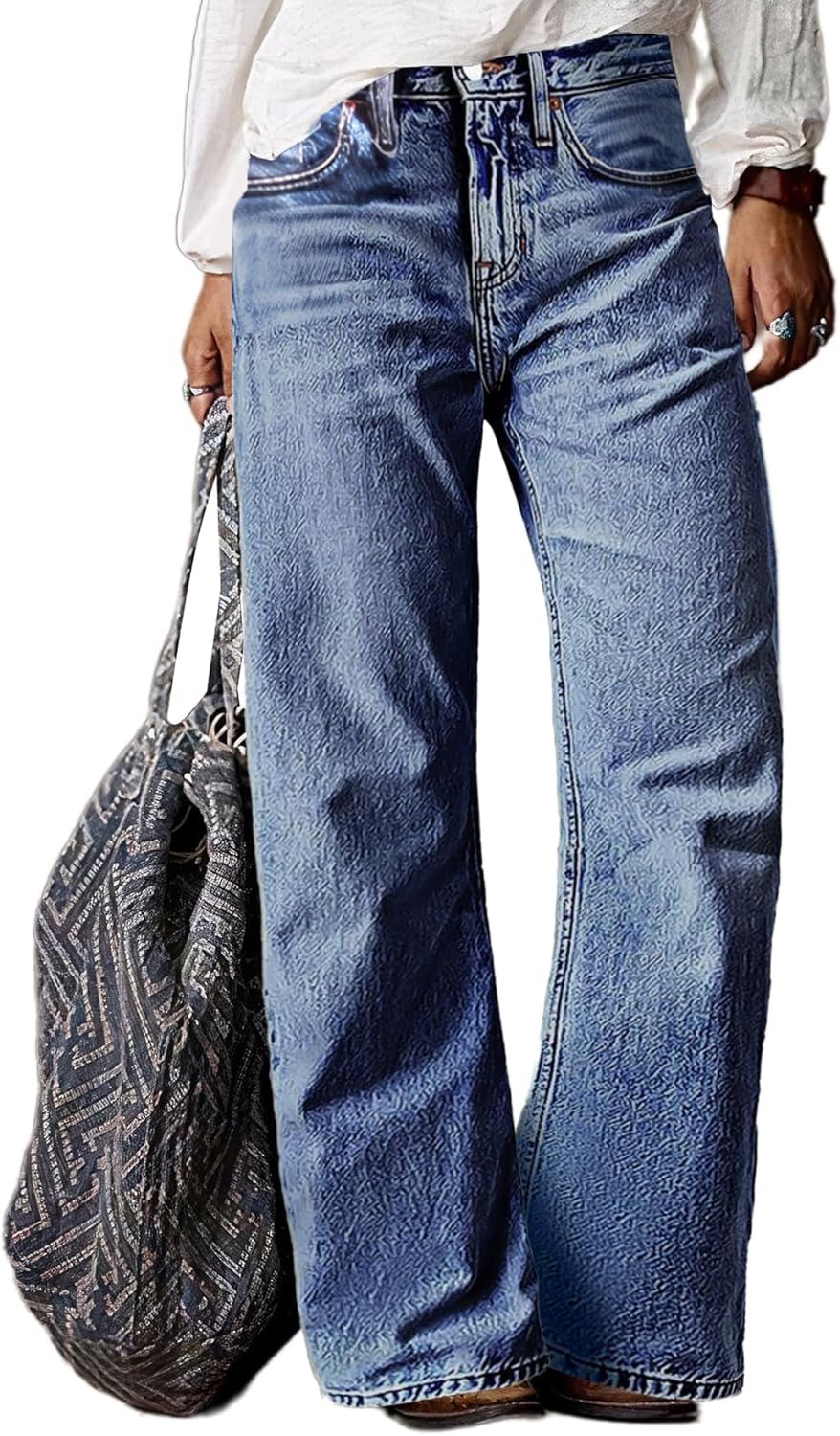 Flamingals Women’s Mid Waist Wash Stretchy Straight Leg Jeans Stylish Hem Design Casual Long Denim Pants