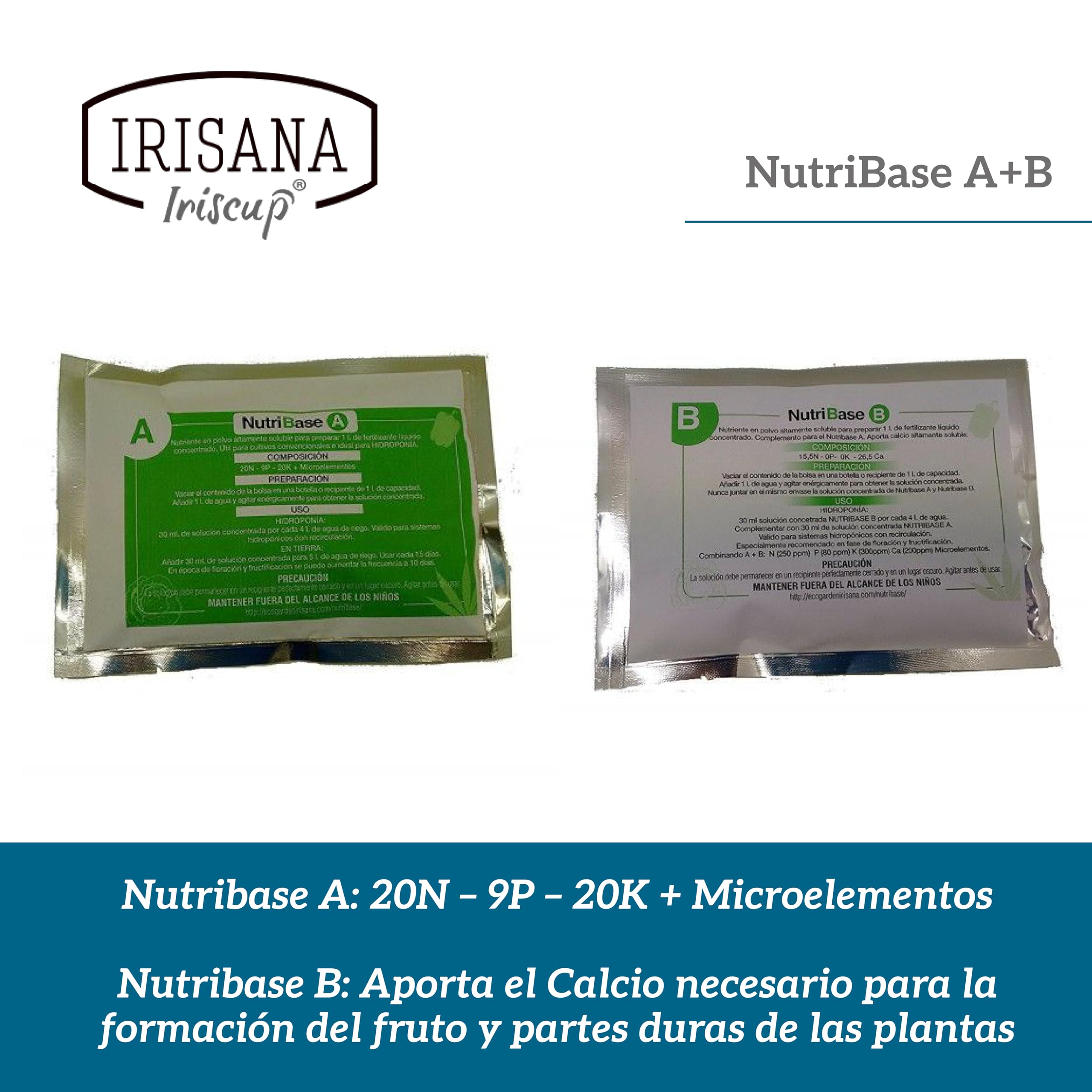 Irisana - NutriBase A+B - 2 Buste Ermetiche di Polvere - Concime Idroponico - Prepara 1 l d'Acqua per l'Irrigazione - Calcio Extra per Orto Urbano