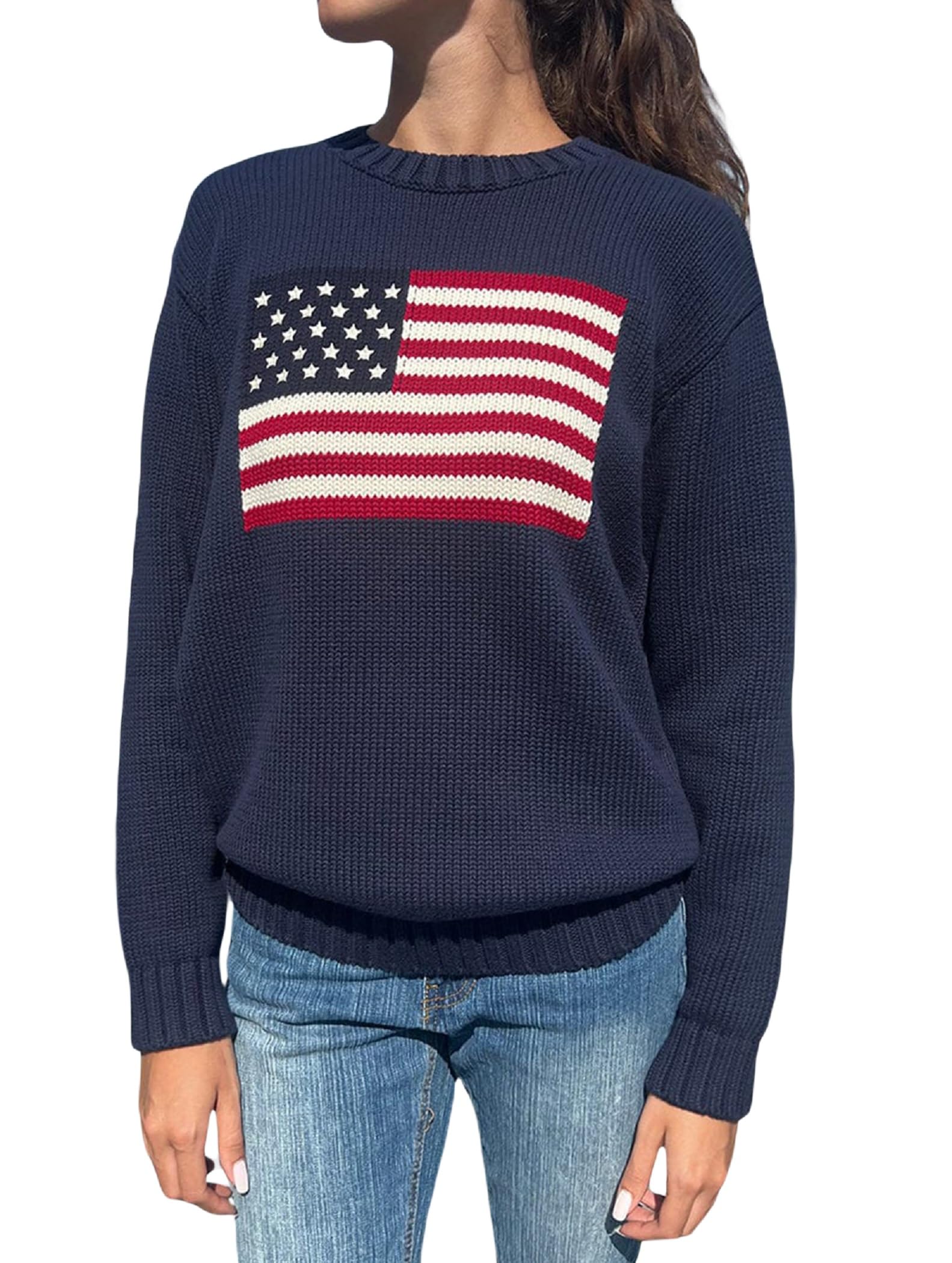 Luckinbaby American Flag Sweater for Women Striped Star Sweaters USA Sweatshirt Patriotic Knitted Loose Pullover Top