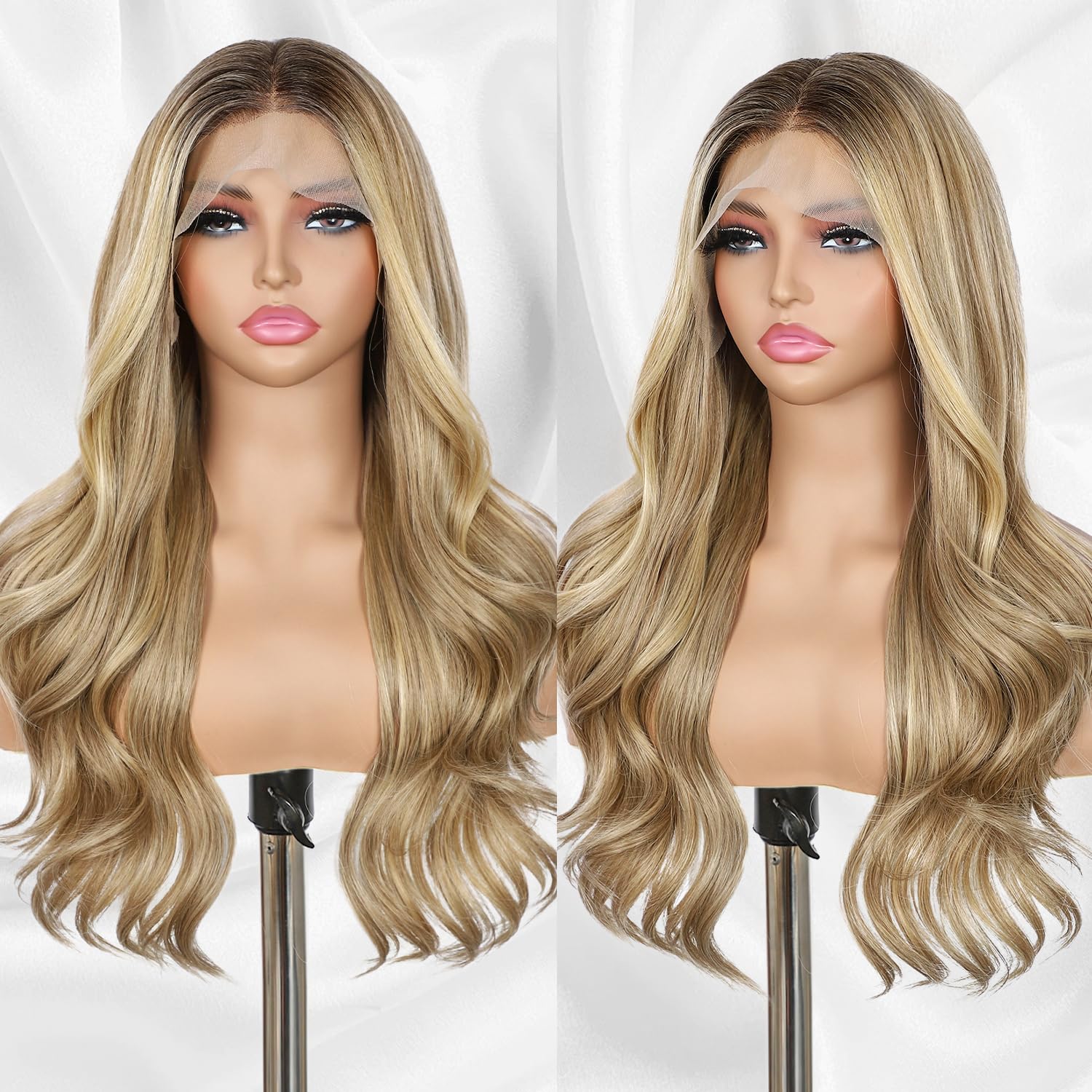Photo 1 of BABEHERS Dirty Blonde Lace Front Wig 13x4 Pre Plucked Synthetic Wigs for Women Highlight Omber Blonde Body Wave Heat Resistant Hair 22 Inch for Cosplay Daily Party Use