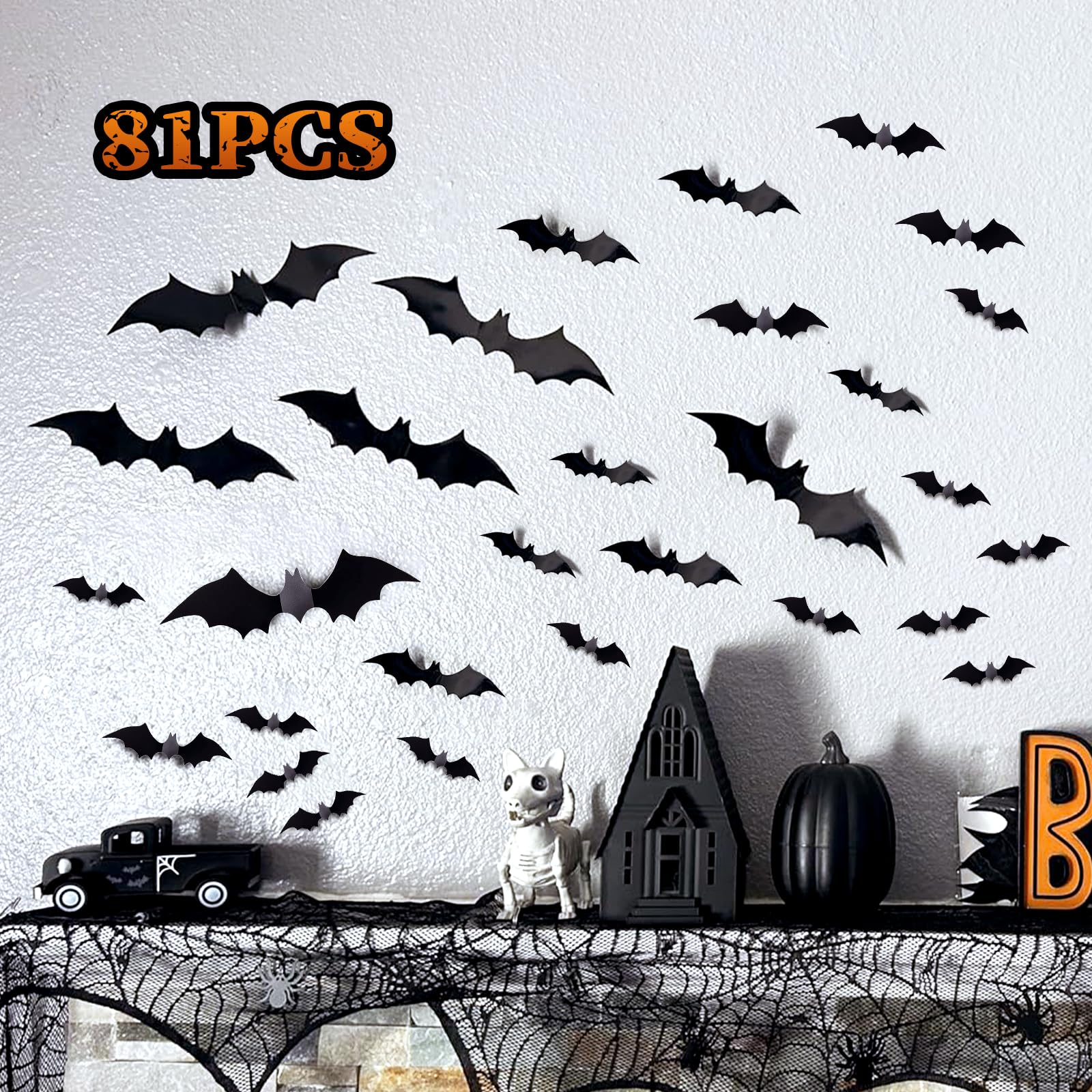 Bats Halloween Wall Decor - 81 Pcs Reusable 3D PVC Decorative Wall Bats with Double-Sided Adhesive