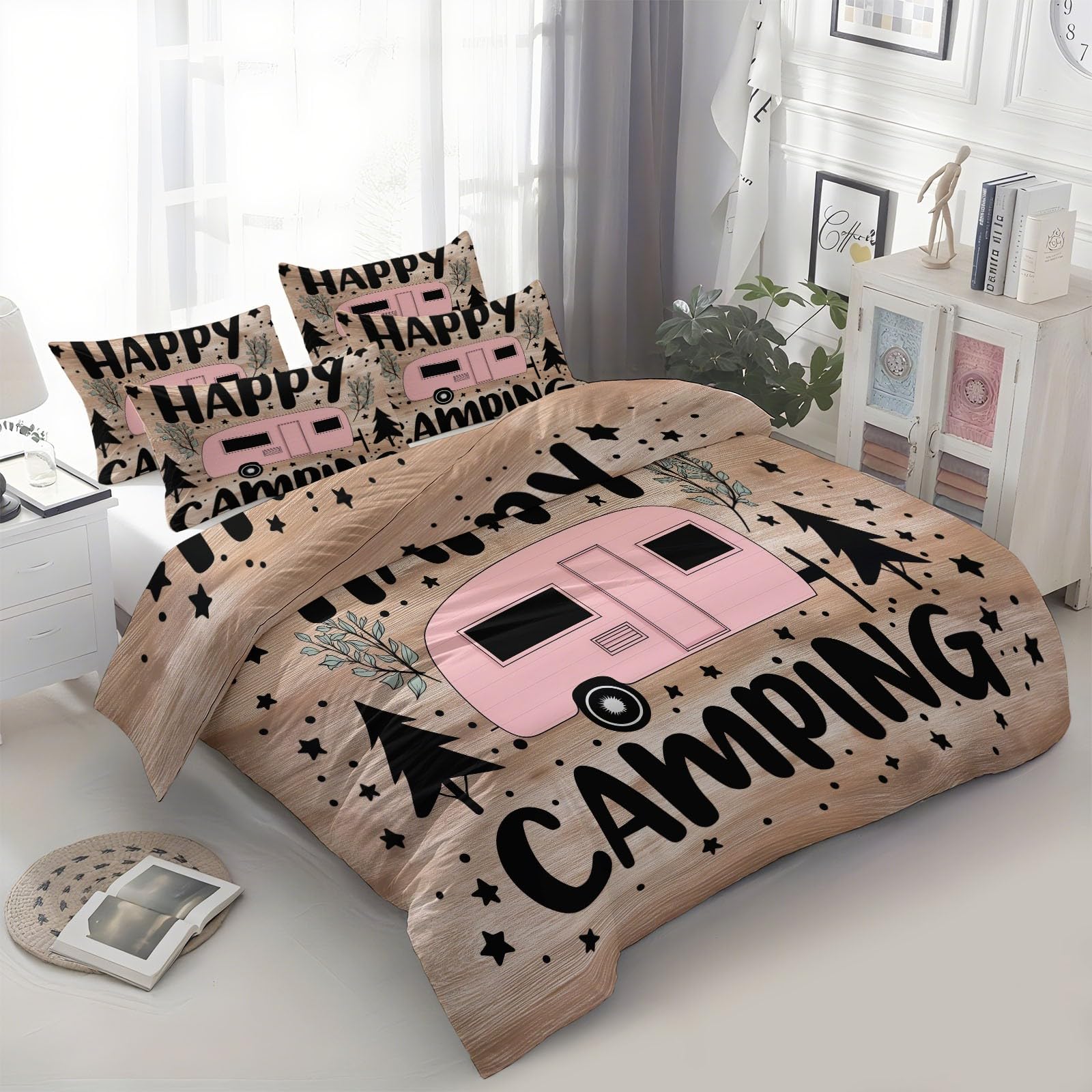 Zestaw pościeli w rozmiarze Super King Size 260 x 220 cm, 3-częściowy zestaw pościeli z gwiazdami, drzewami, kamperem, furgonetką, motyw zewnętrzny, miękka, przytulna, szczotkowana mikrofibra, z 2