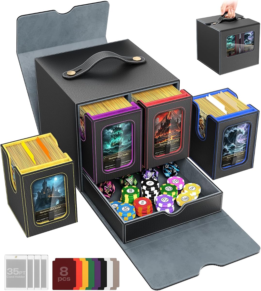 Commander Deck Box para MTG, estuche modular de 4 barajas con bandeja de dados y asa, capacidad para más de 520 cartas de doble funda, caja mágica para baraja de cartas con soportes magnéticos y divisores para TCG/CCG (colorido)