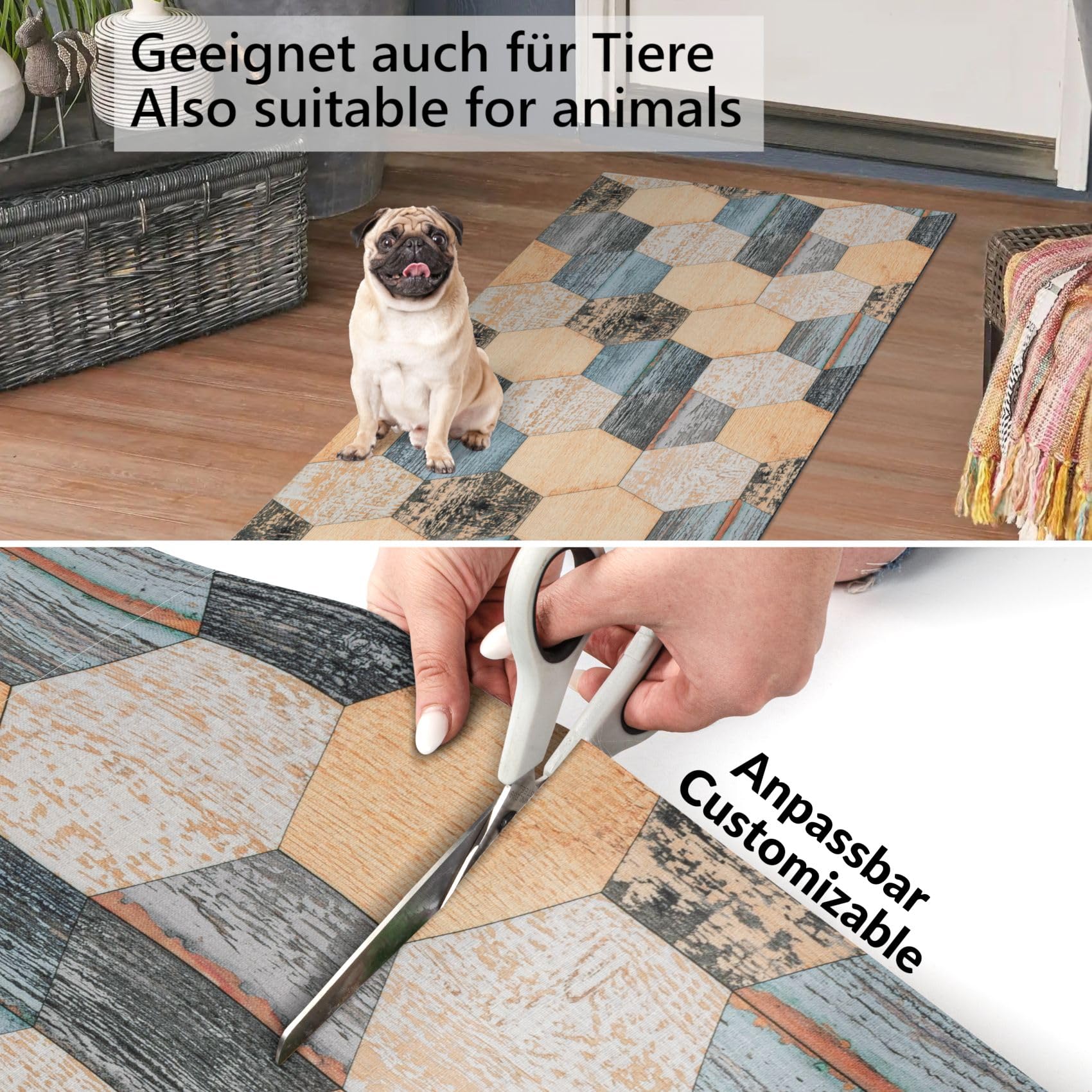 ANRO Küchenläufer Teppich Läufer Küchenteppich Flur Läufer Küche awaschbar pflegeleicht Holz Patchwork 350x65cm