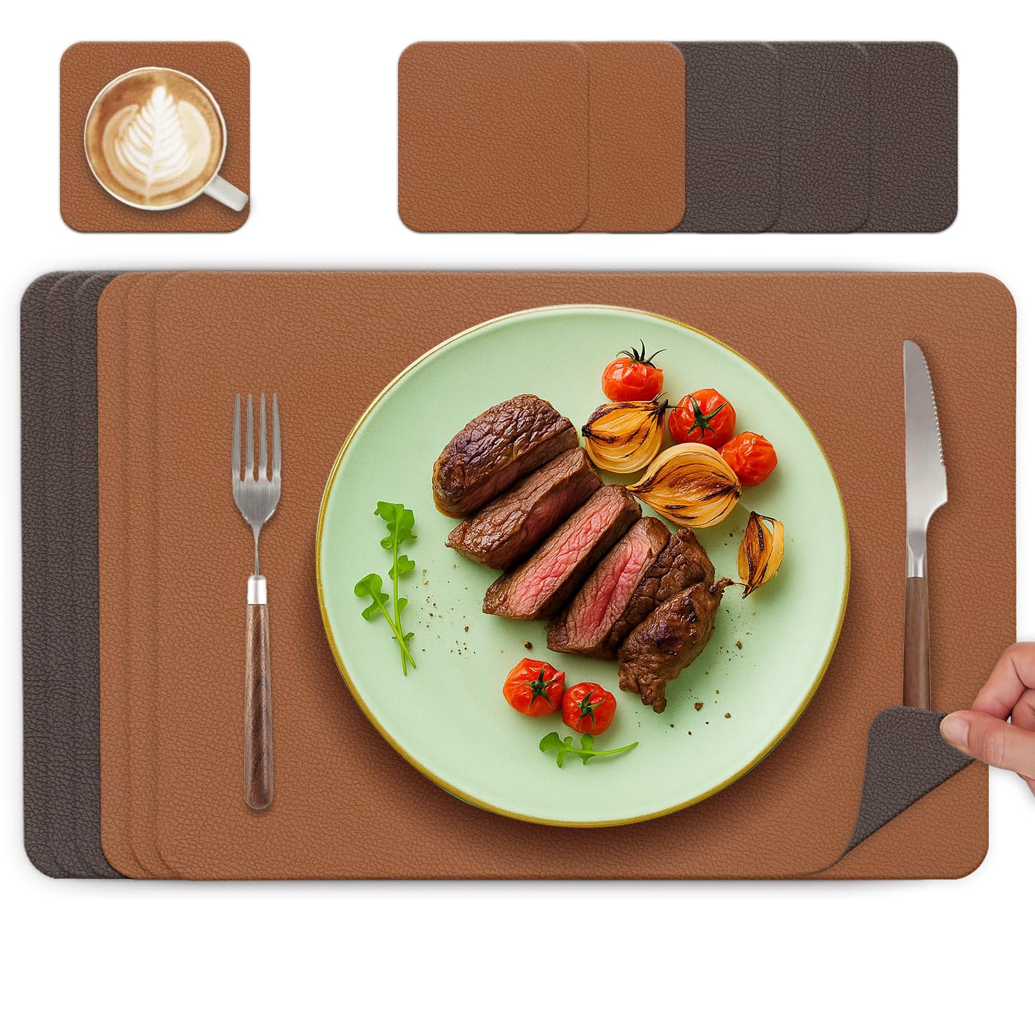 Tischsets Abwaschbar und Untersetzer, Platzset Leder Platzdeckchen Abwaschbar Doppelseitigen Tischsets Umkehrbares Tischset rutschfest Lederoptik