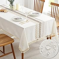 QIANQUHUI Embroidered Waterproof Cotton Linen Tablecloth 55x86 Inch Rectangle for 6-8 Seats, Spillproof Wrinkle-Free Rustic Farmhouse Dining Cover Coffee Wheat