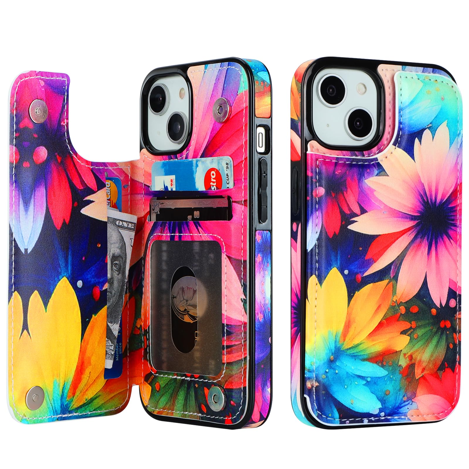 HAOPINSH for iPhone 14 Wallet Case with Card Holder, Colorful Big Flowers Pattern Back Flip Folio PU Leather Kickstand Card Slots Case for Women Girls, Double Magnetic Clasp Shockproof Cover 6.1"
