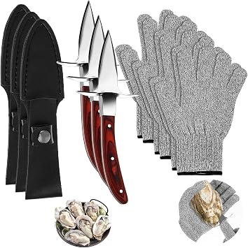 3 مجموعة المحار Shucker، المحار Shucking سكين للمحار البطلينوس اللؤلؤ شل Shucking، Shucking أداة كيت، 3 الفولاذ المقاوم للصدأ المحار السكاكين مع مقبض خشبي 3 أزواج المحار Shucking القفازات