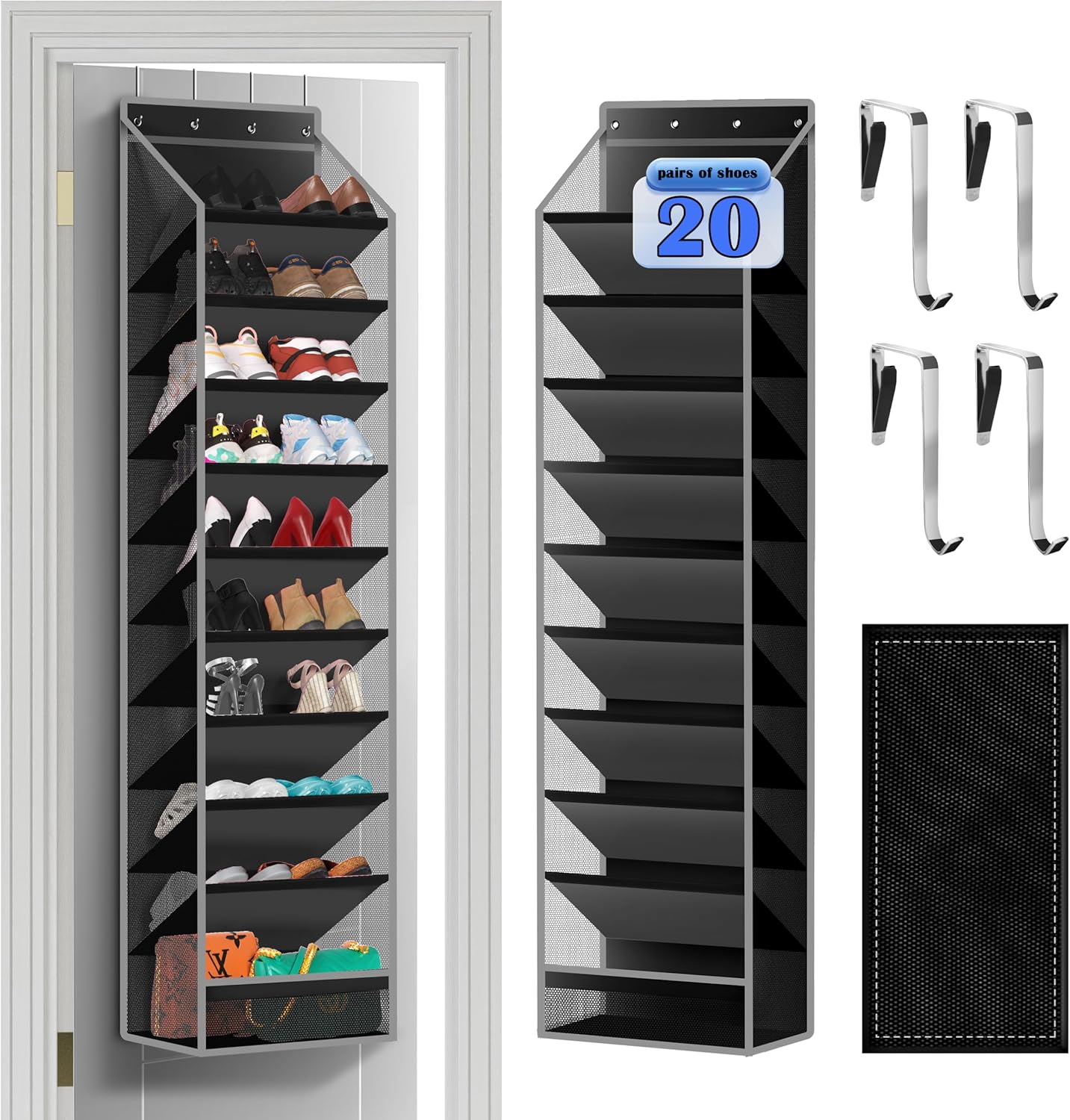 10 - Pocket Over - the - Door Hanging Shoe Organizers & Rack, Made of Sturdy 600D Oxford + Non - Woven Fabric, Space - Saving Storage for Shoes, Boots & More (Black)