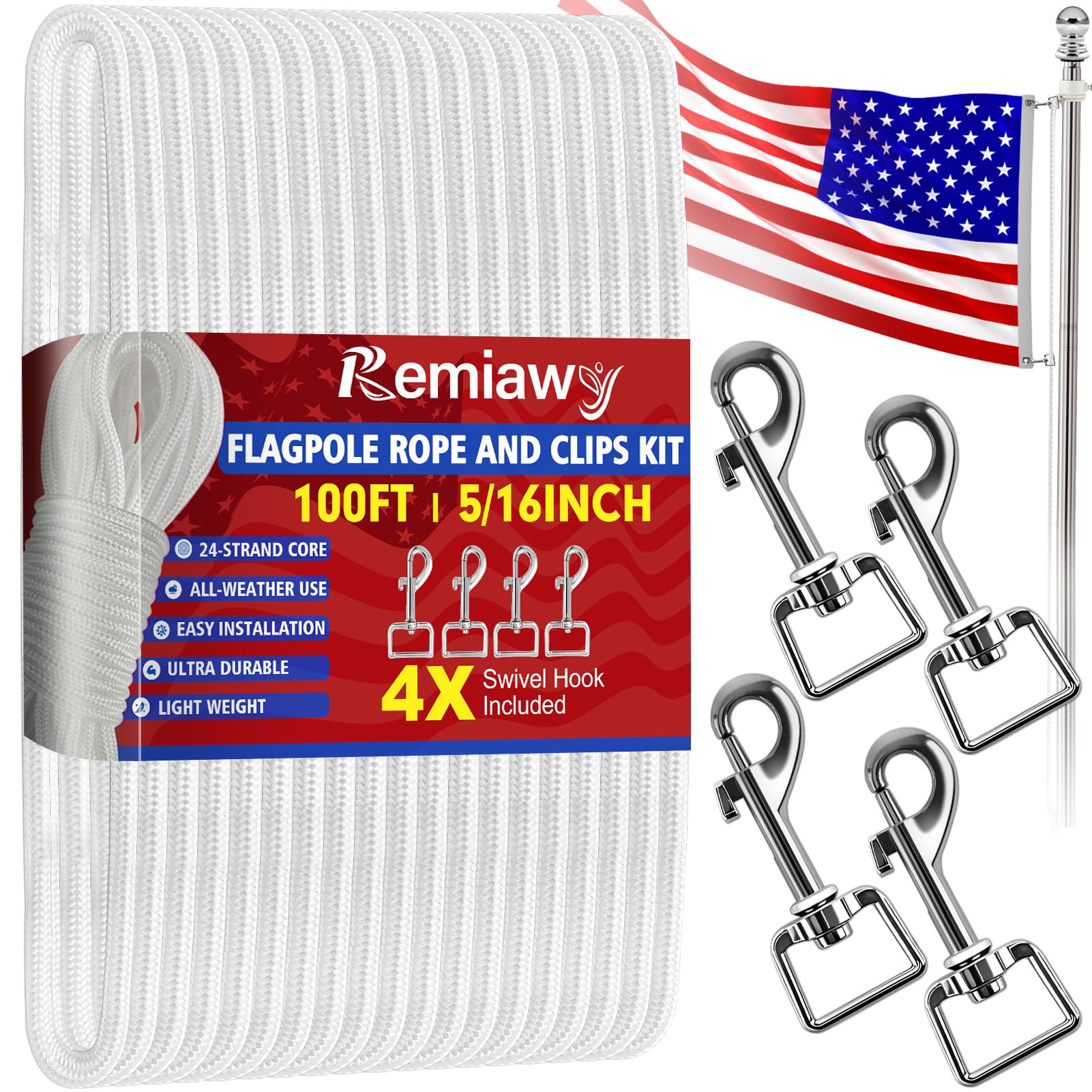Photo 1 of ***MISSING PARTS***
Remiawy Flag Pole Rope Kit 100Ft - 5/16” Diameter Nylon Halyard Replacement with 4 Zinc Alloy Swivel Snap Hooks and Clips, Heavy Duty Flagpole Rope Accessories for Outdoor, Camping, Swing, Clothesline