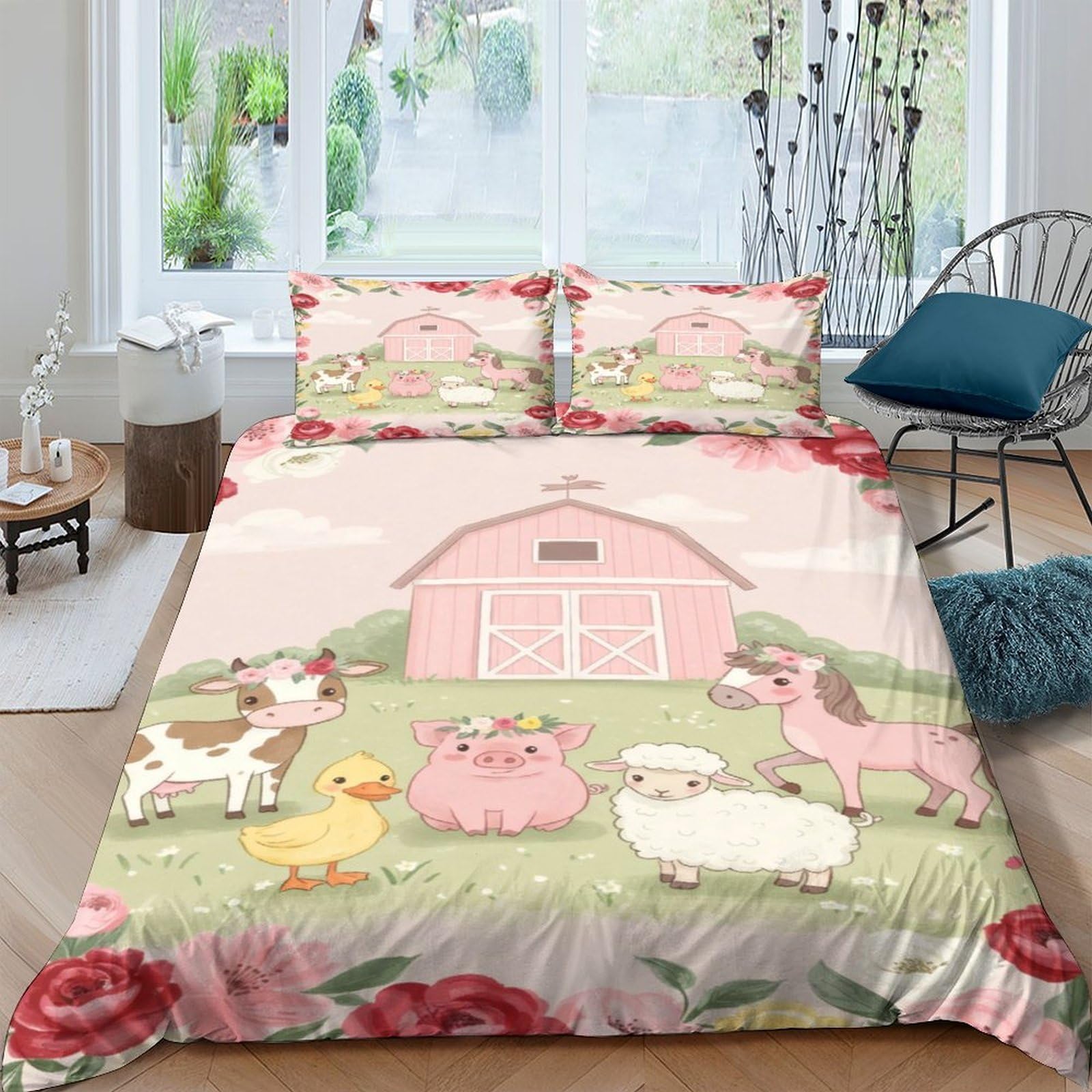 Ctjqhvkz Style-5 3D Printed Farm Animal Pastoral Fitted Sheet Microfiber Soft Pink Barn Mattress Cover For Bedroom Dorm Room Decor Single（135X200cm）