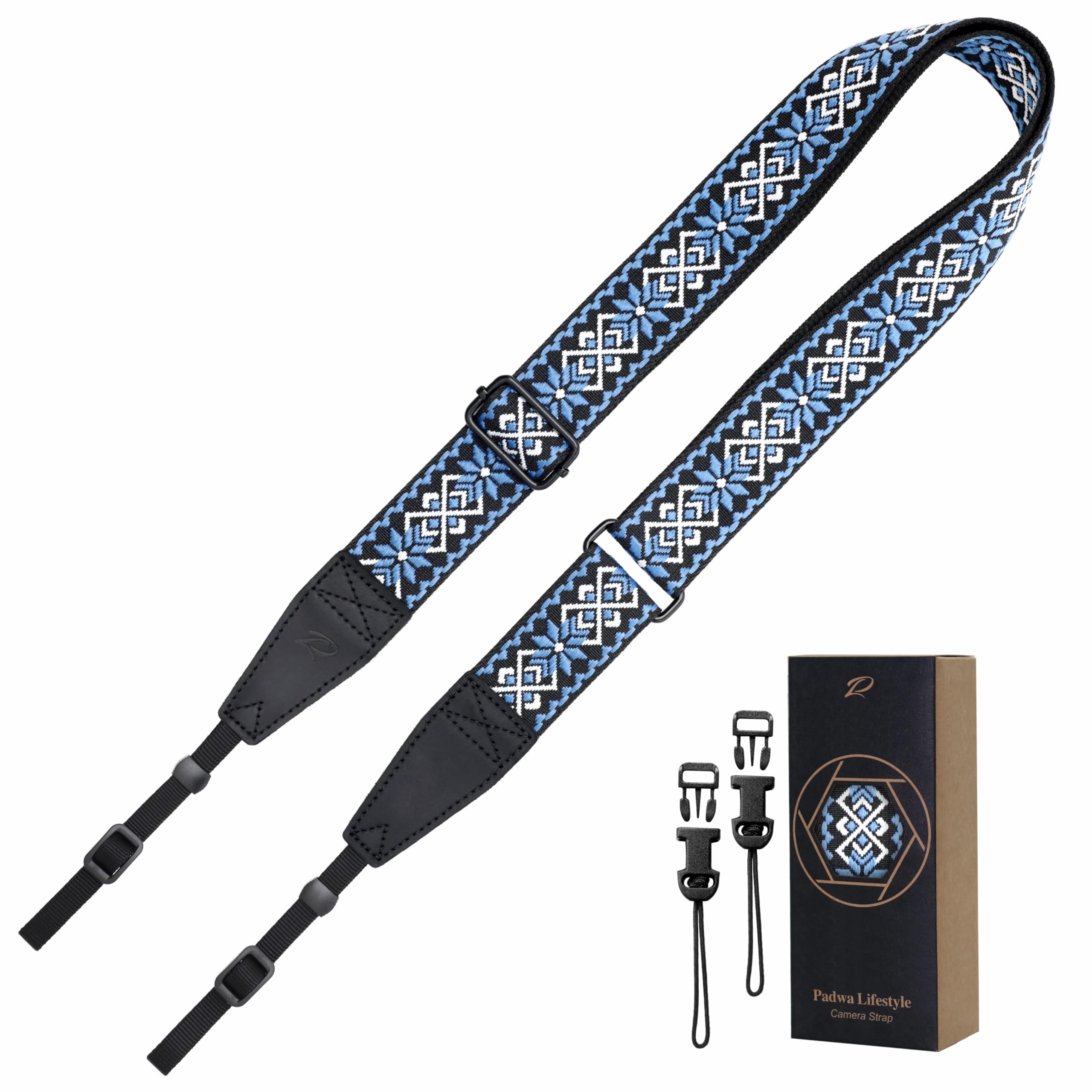 Padwa Lifestyle Adjustable Camera Strap - 1.5" Full Grain Leather Ends Camera Straps for Photographers, Adjustable Neck Shoulder &amp; Crossbody Cotton Strap Quick Release for Cameras and Binoculars