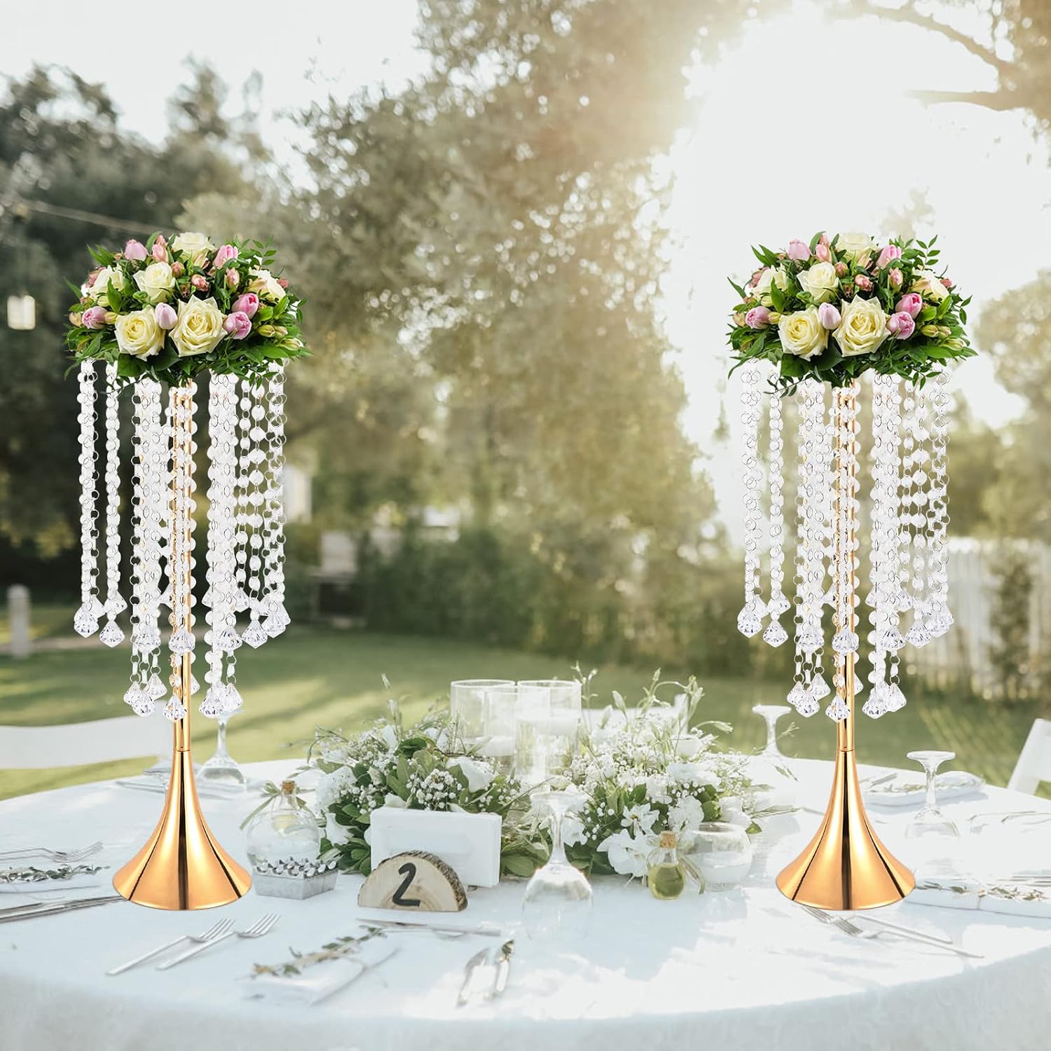 2Pcs Flower Stand Wedding Centerpieces ，Luxurious Elegant Flower Arrangement Stand，Flower Arrangement Stand with Acrylic Pendants and Beads, Tabletop Flower Vase for Party Dinner Event Reception Decor