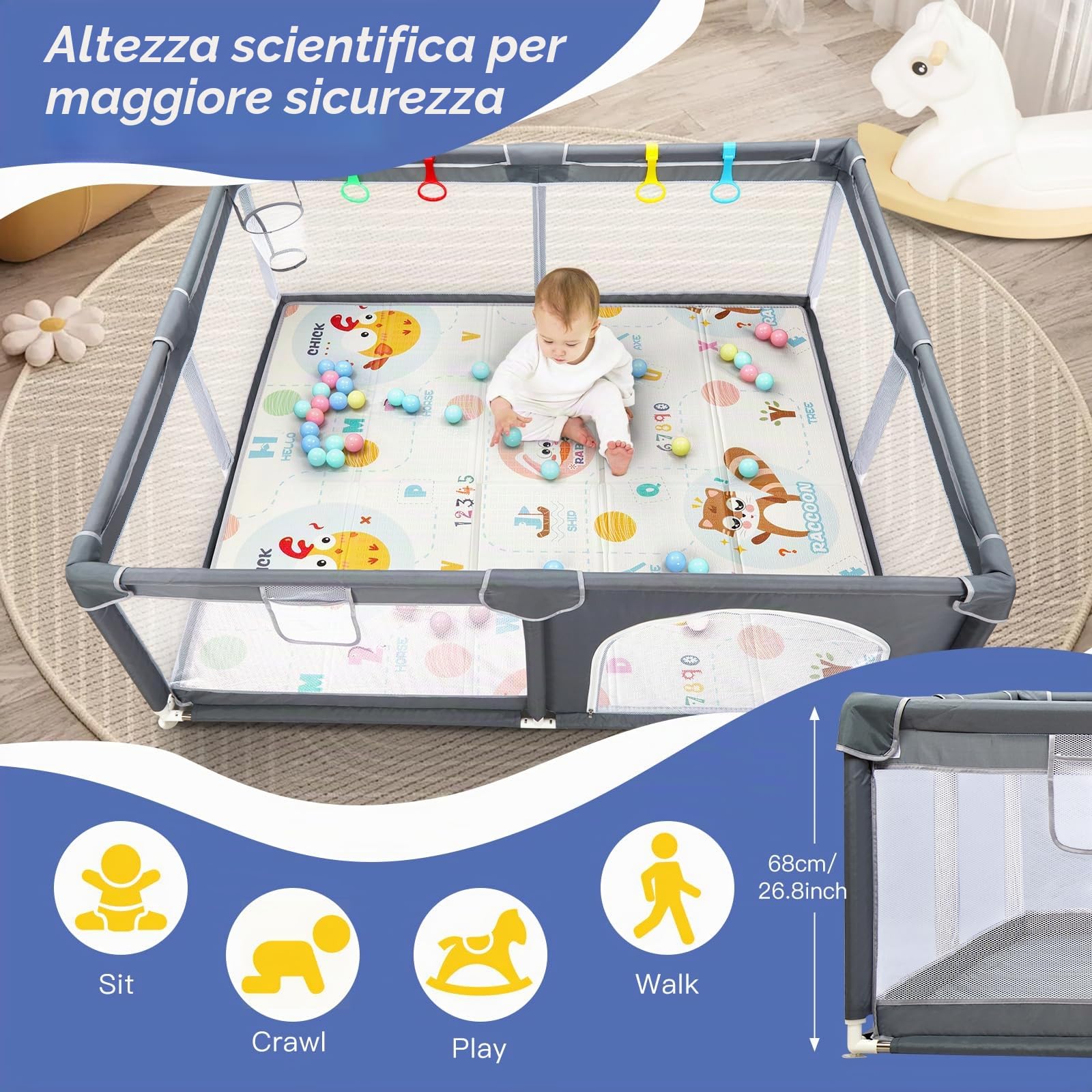 CHOLY Box per bambini 150 x 180 cm, con rete traspirante visibile, parco giochi extra grande (grigio scuro con tappetino da gioco B, 150 x 180 cm)