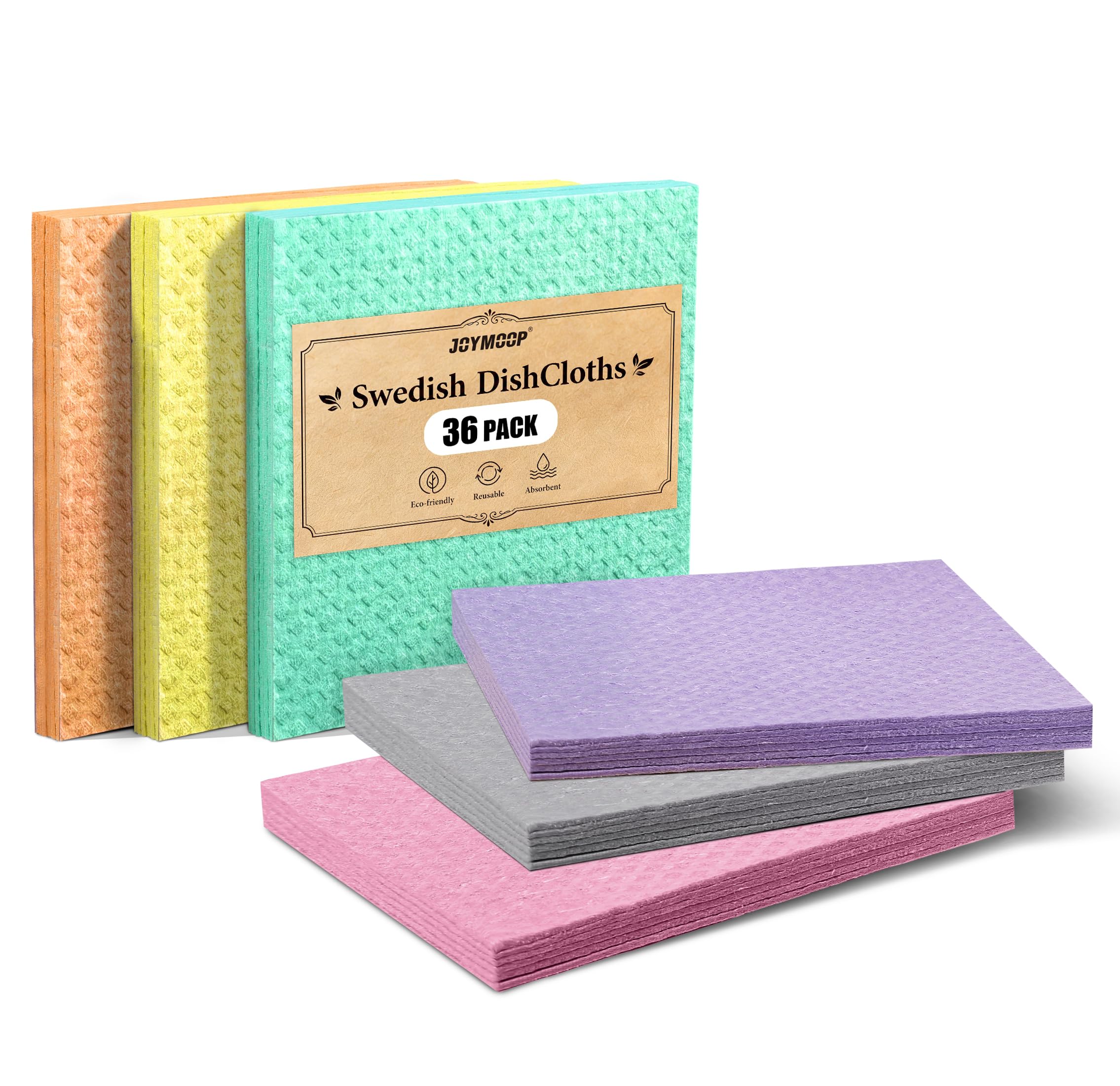 JOYMOOP Swedish Dishcloths, Cellulose Cotton, Multicolor, 8x7 Inches, 36 Count, Diamond Pattern, Super Absorbent Odor Resistant Lint Free Scratch Free Quick Dry