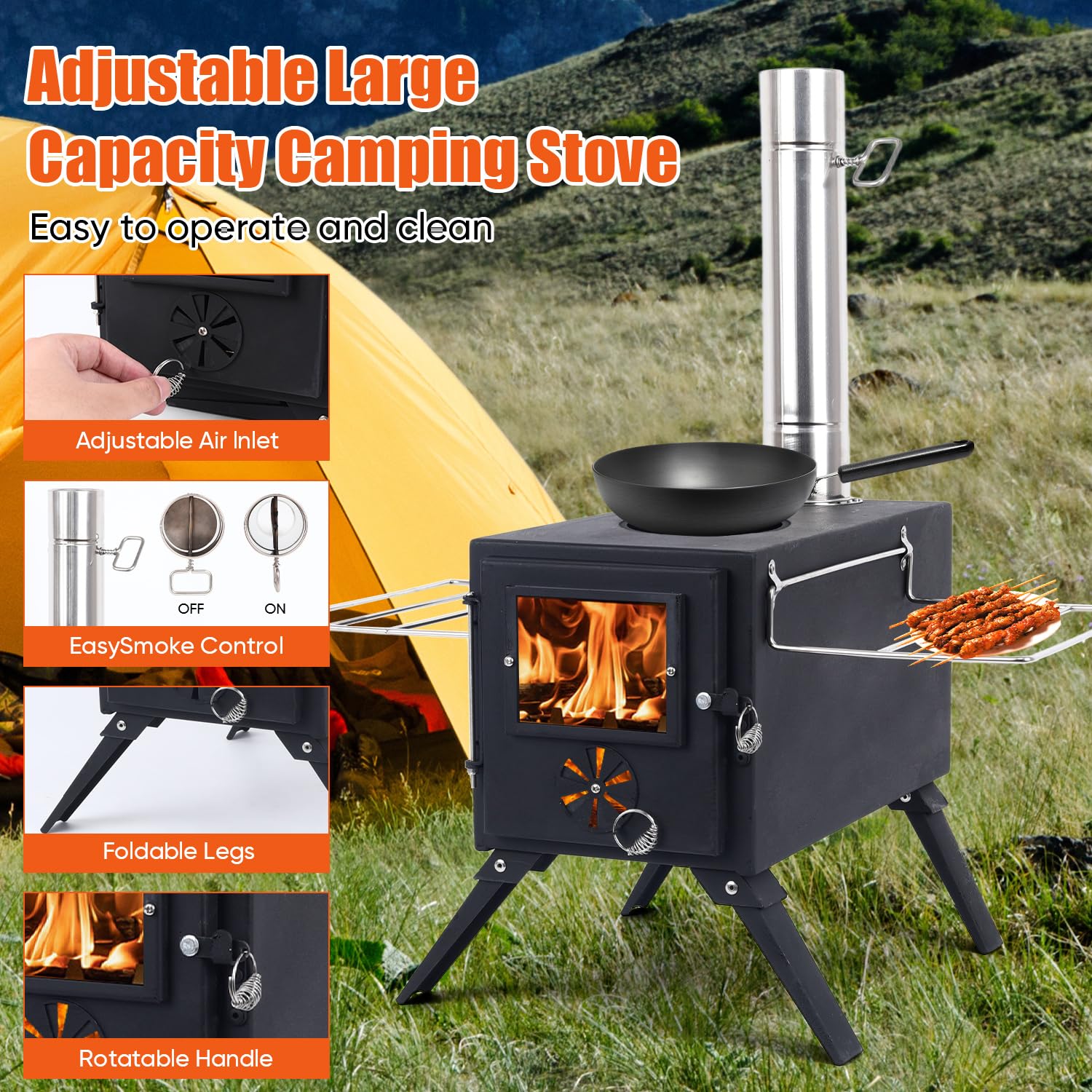 Estufa de tienda de campaña, estufa de leña portátil para acampar al aire libre con tubos de chimenea y guantes de acero inoxidable, estufa de leña para cocinar, calefacción, camping, tienda