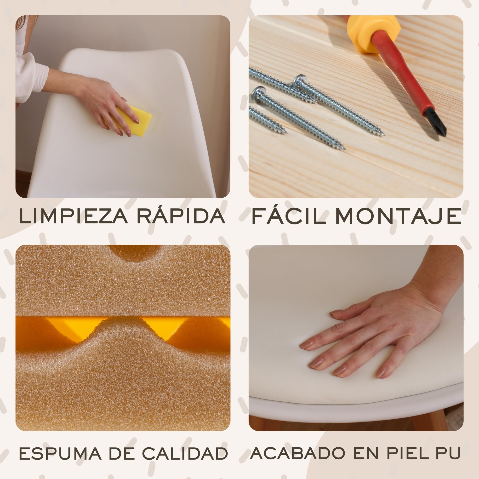HOME DESIGN & CONFORT ®Sillas de Comedor Nórdicas con Respaldo Ergonómico con Material PU y Patas con 2,8cm de Anchura | Sillas de Cocina con Madera de Haya Maciza (6 Sillas Blancas)