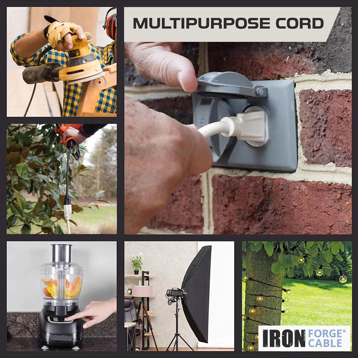 Iron Forge Cable Weatherproof 6 Ft Outdoor Extension Cord - 16/3 SJTW Heavy Duty Beige Extension Cord 3 Prong - 13 Amp Exterior Power Cable
