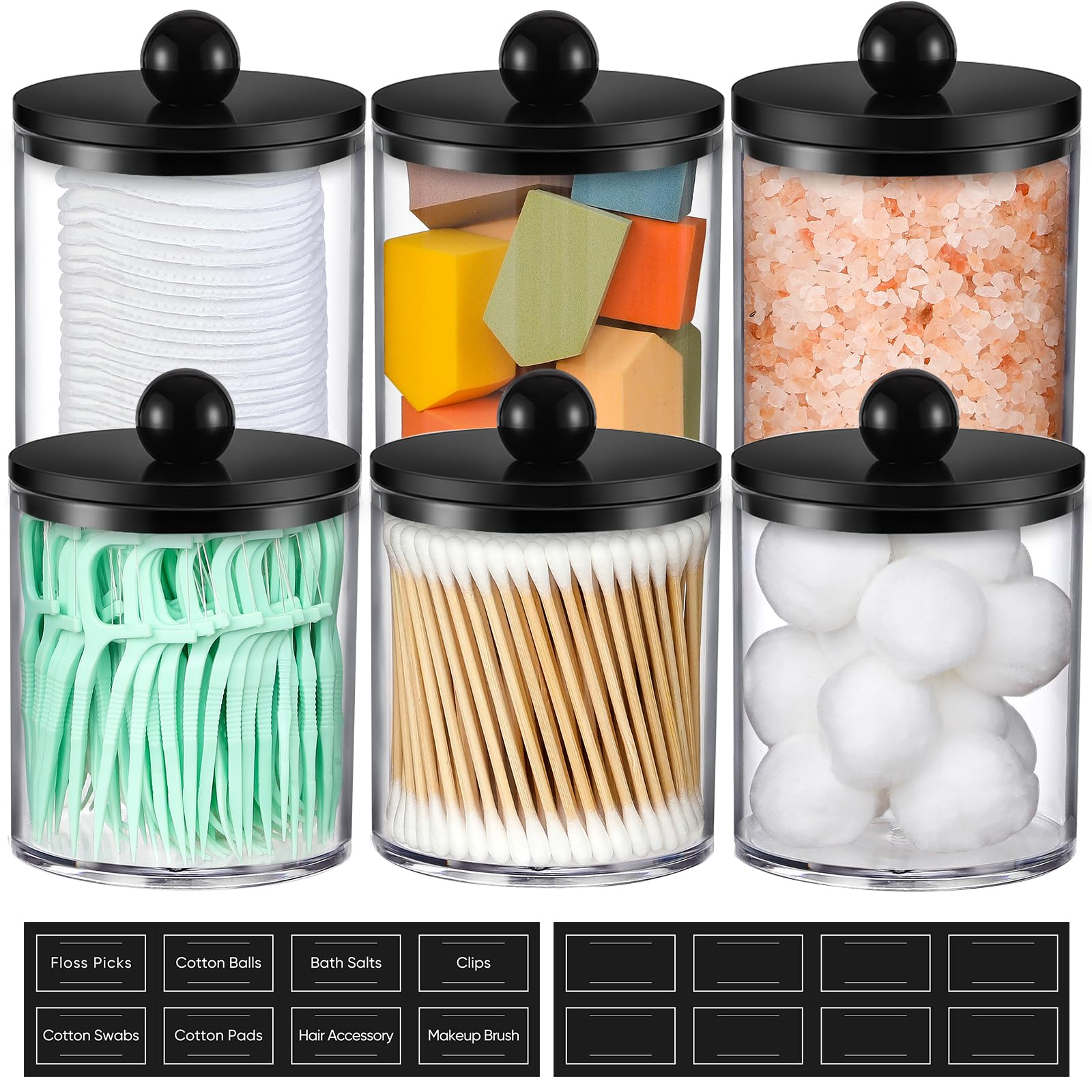 6 Pack Acrylic Qtip Holder Dispenser for Cotton Swabs, Balls, Pads, Floss - Plastic Canister Apothecary Jar Set, Bathroom Essentials Accessories Decor