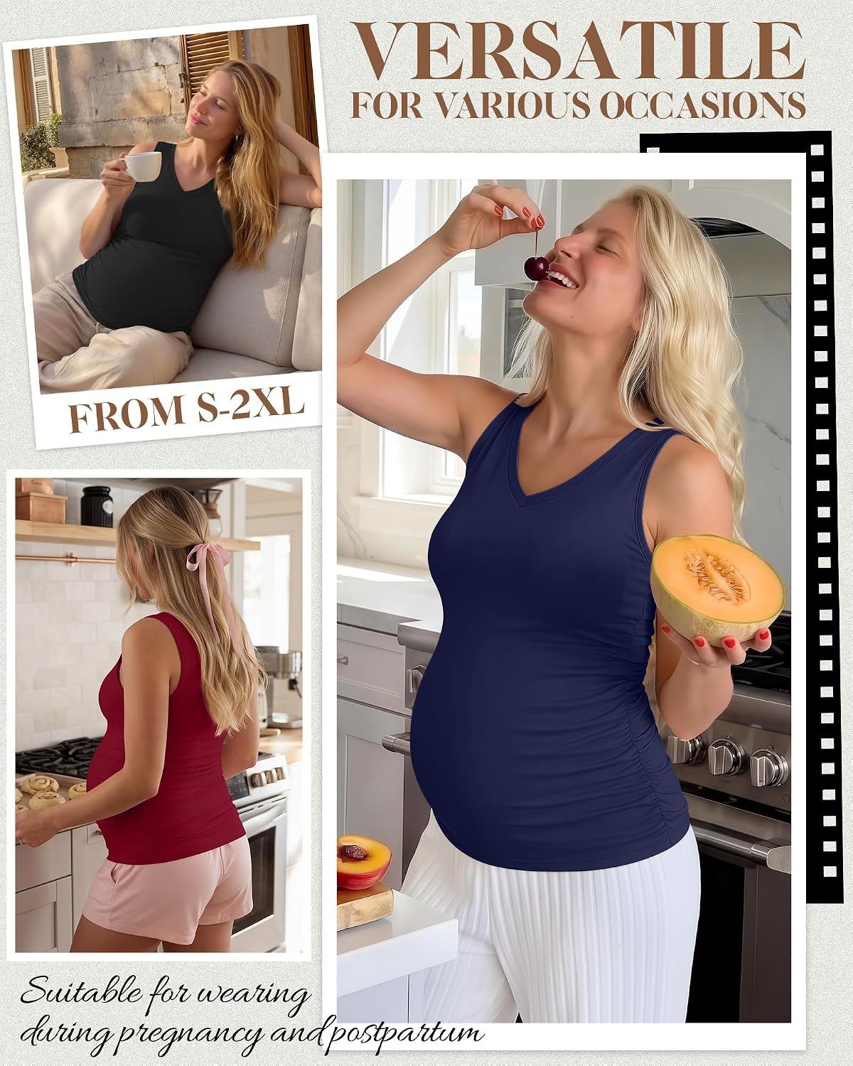 Ficerd 4 Pack Women's Maternity Tank Tops V Neck Summer Side Ruched Sleeveless Cotton Blend Basic Pregnancy Shirts(Wine Red, Navy Blue, Light Gray, Black,Medium)