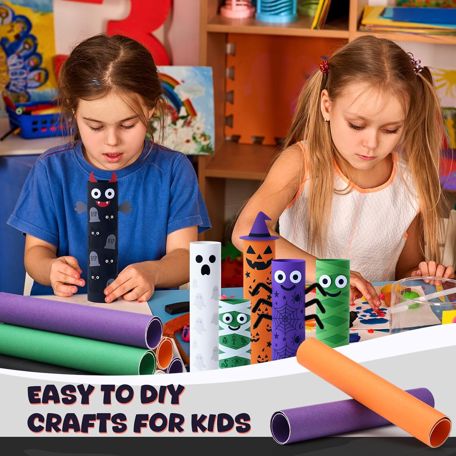 MotiMind 60 Pcs Cardboard Tubes for Craft 2 Size Empty Paper Towel Rolls Cardboard Toilet Paper Tubes Bulk for DIY Projects(Halloween,1.4 x 10 Inch, 1.6 x 10 Inch)