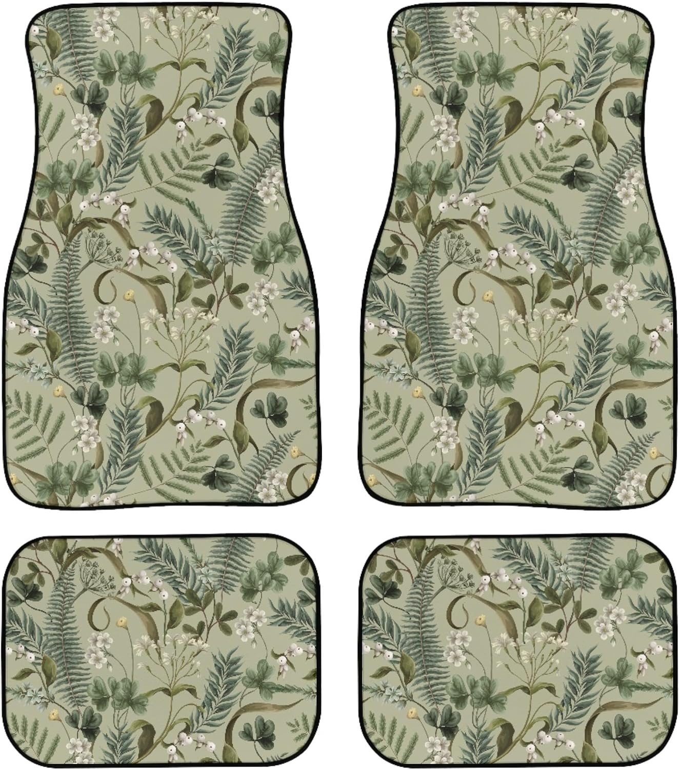Botanical Print Car Floor Mats Set of 4 White Flowers Berries Fern and Leaves Floor Mats for Cars Universal Front Rear Vehicle Foot Rugs Auto Vintage Green Plants Car Accessories for Trucks