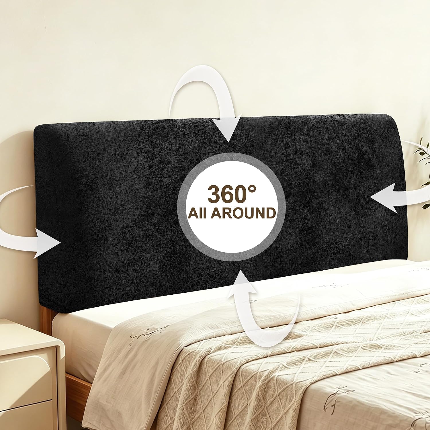 ANARACHON Leather Look Bed Headboard Cover, Stretch Soft Bed Headboard Slipcover Retro Dustproof Protector Cover for Bedroom Decor(Black, Queen:59")